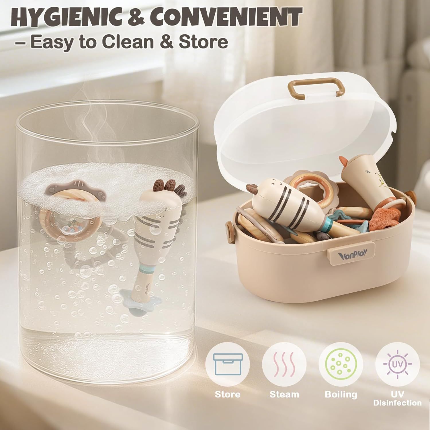 Demonstrates multiple convenience and hygiene benefits including easy cleaning, storage options, and various disinfection methods.