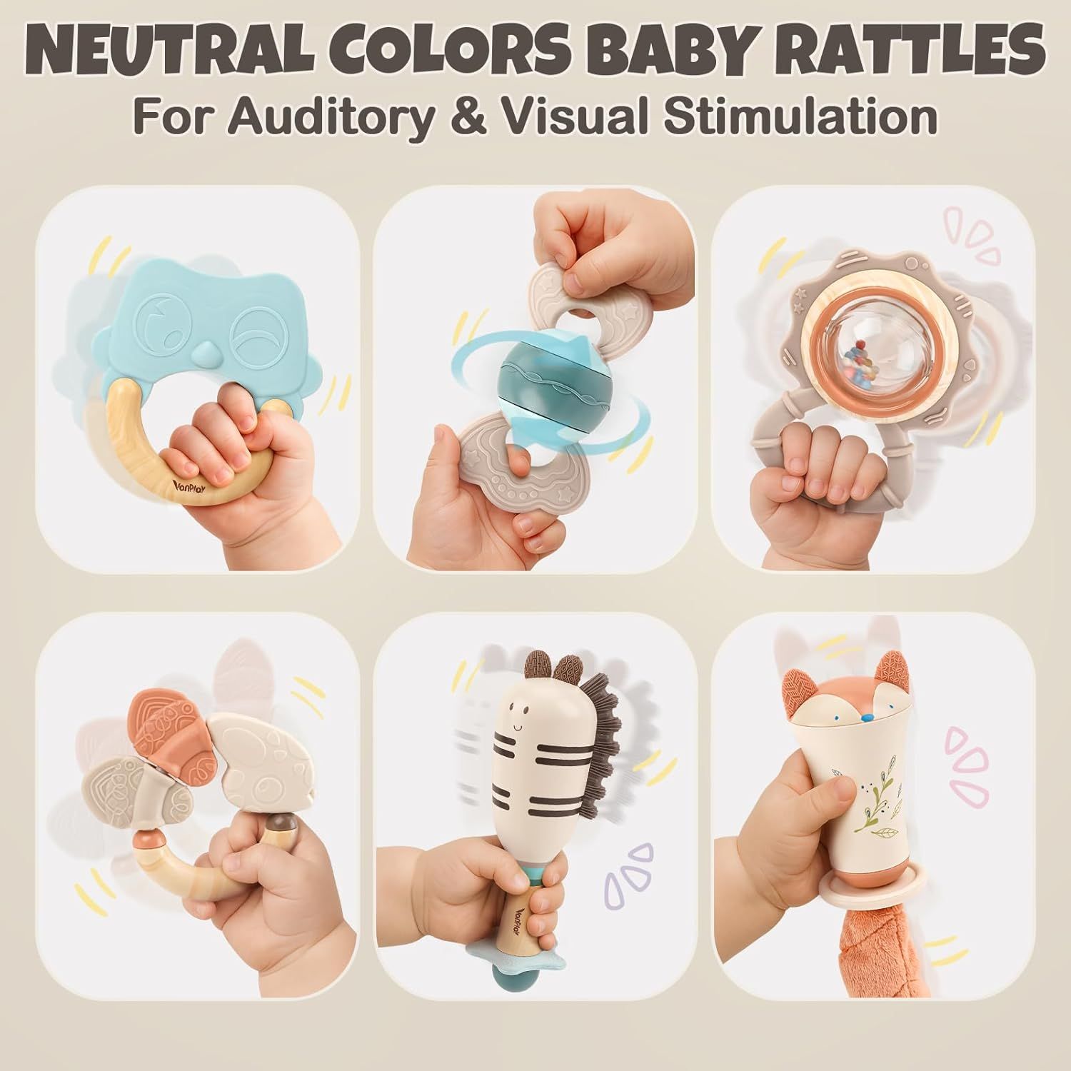Showcases the brand's diverse product line of baby rattles in neutral colors designed for sensory development.