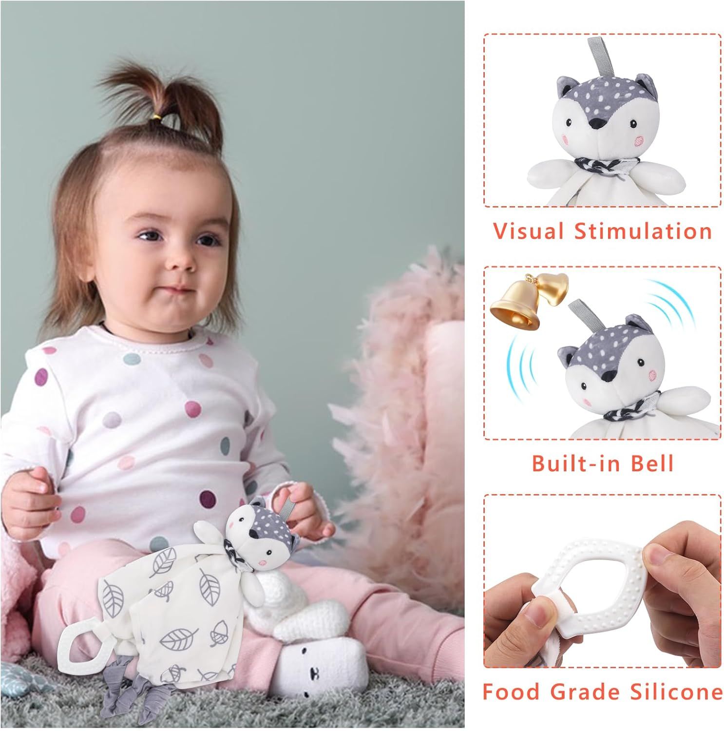 Showcases three distinct product benefits in a segmented layout: visual stimulation for development, auditory engagement with a built-in bell, and safety with food-grade silicone material.