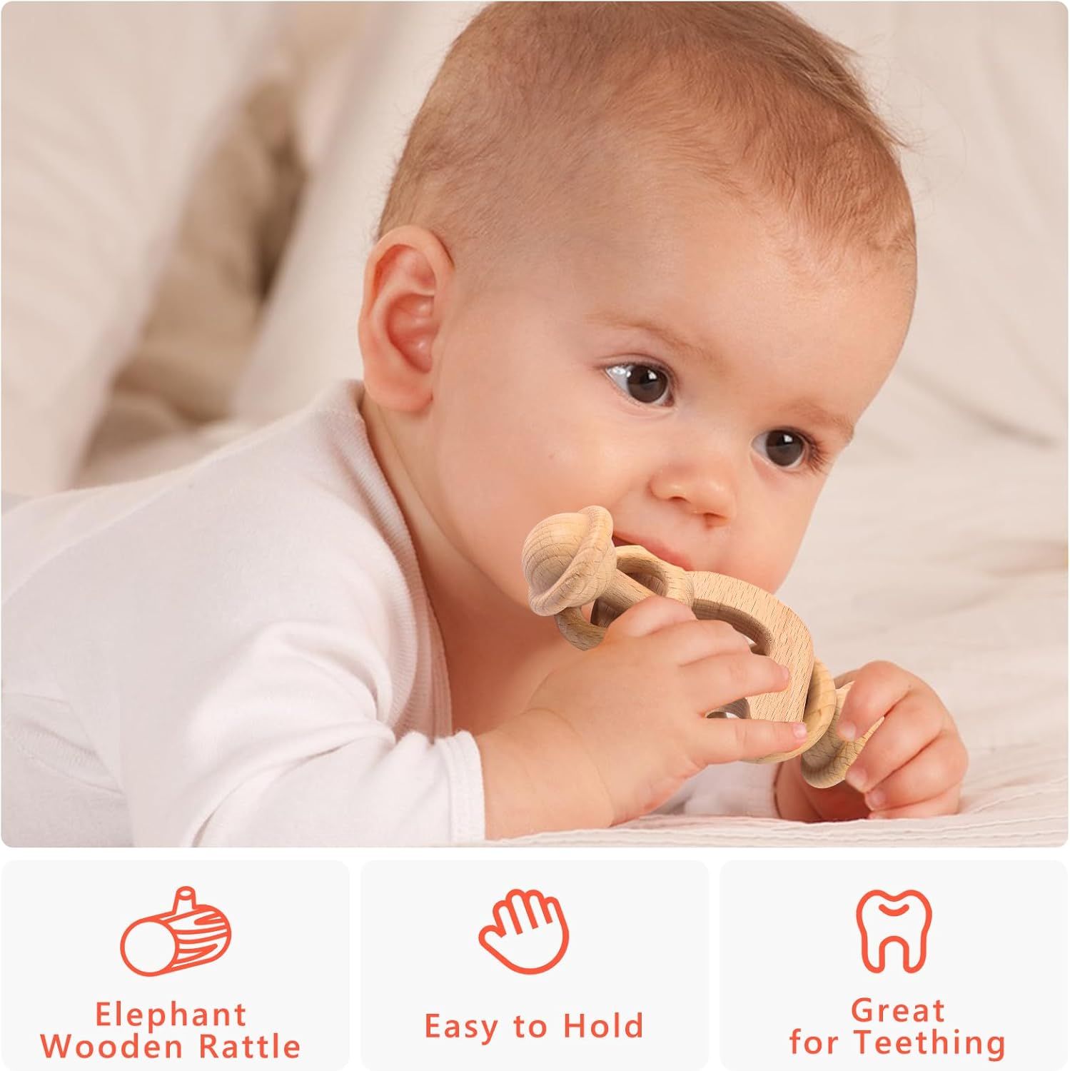 Presents three distinct benefits of the wooden teething toy in a segmented layout with icons: it functions as a rattle, has an ergonomic grip, and serves as a teething aid.