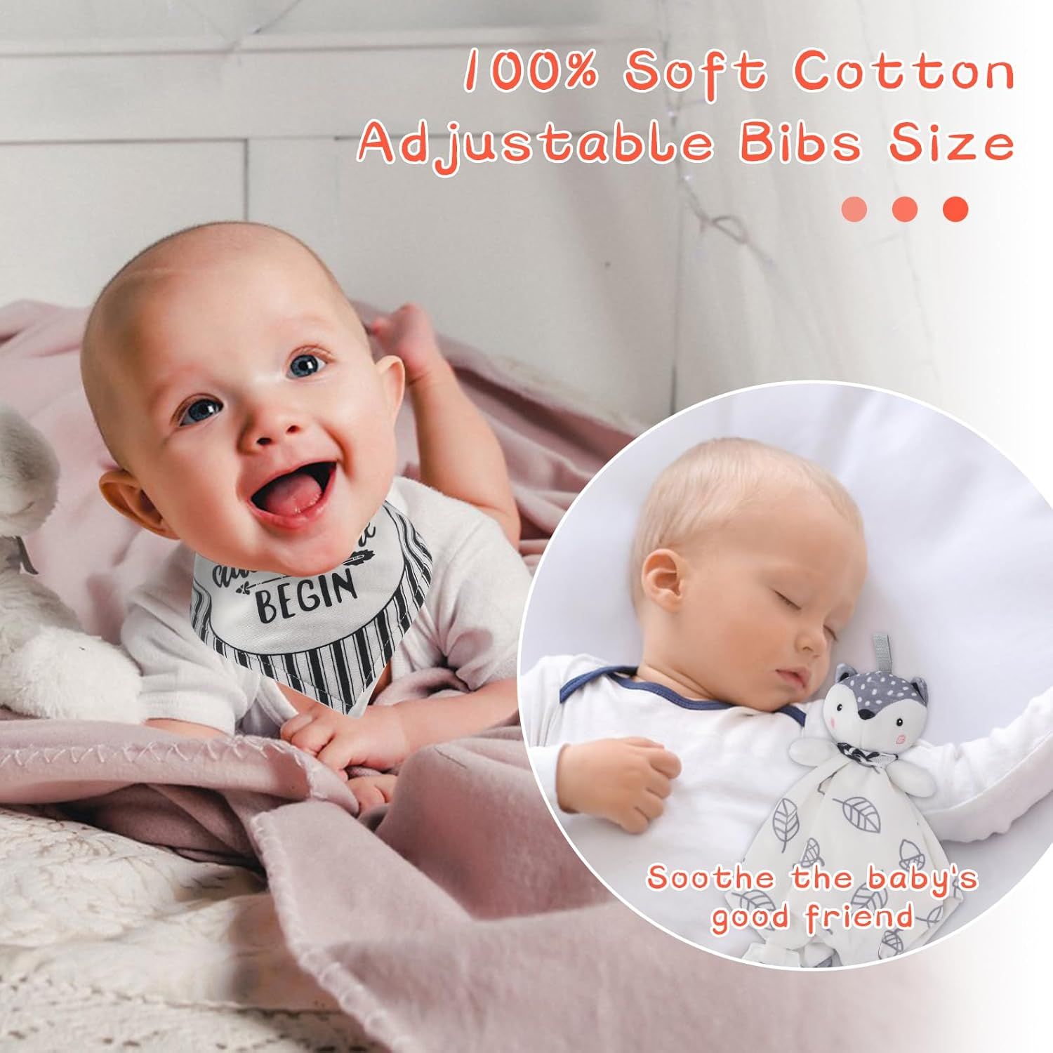 Highlights the soft cotton material and adjustable sizing of the bibs, emphasizing comfort and soothing benefits for babies in a clean, single-scene layout.