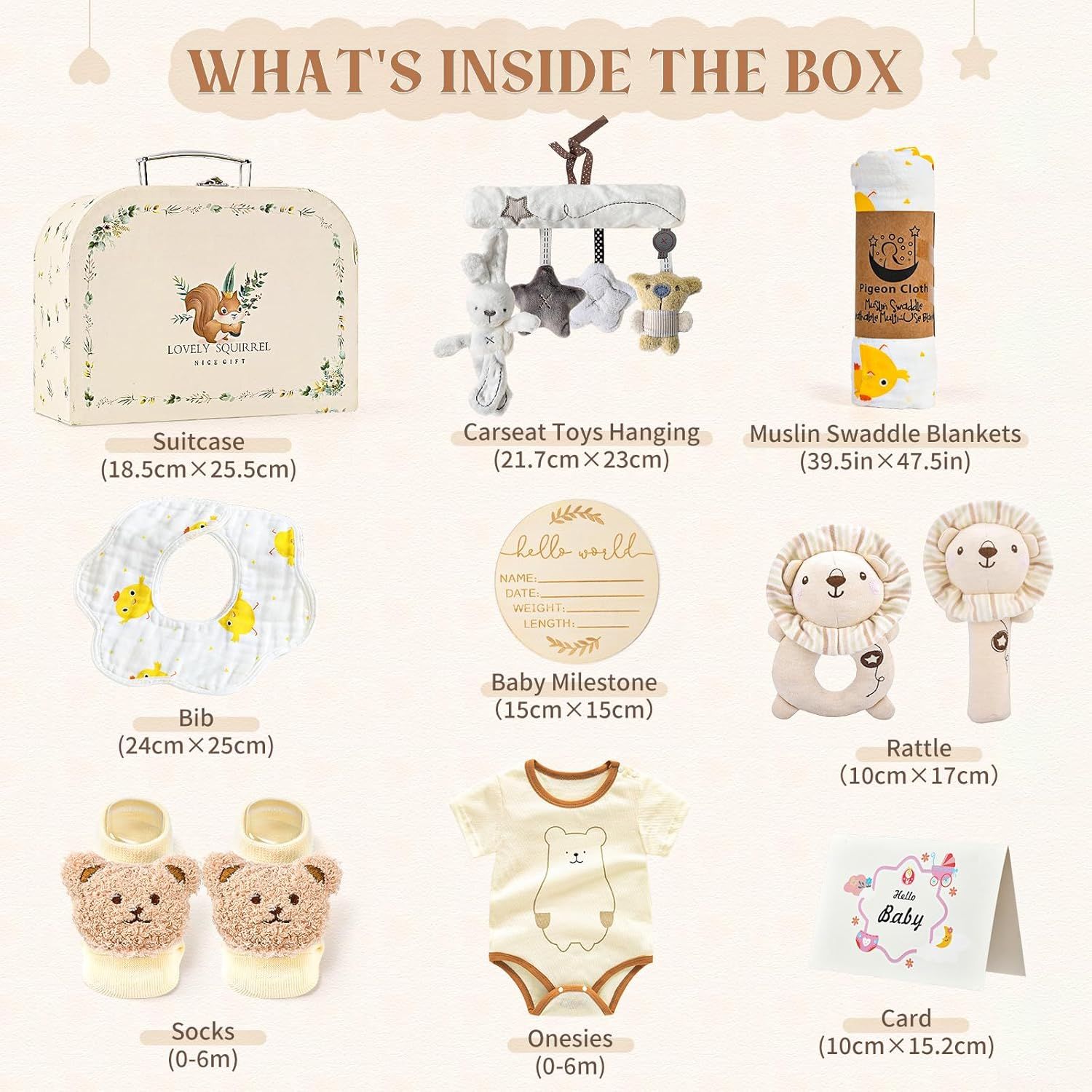 Shows all items included in the baby gift box to help shoppers understand the full value and contents of the bundle.