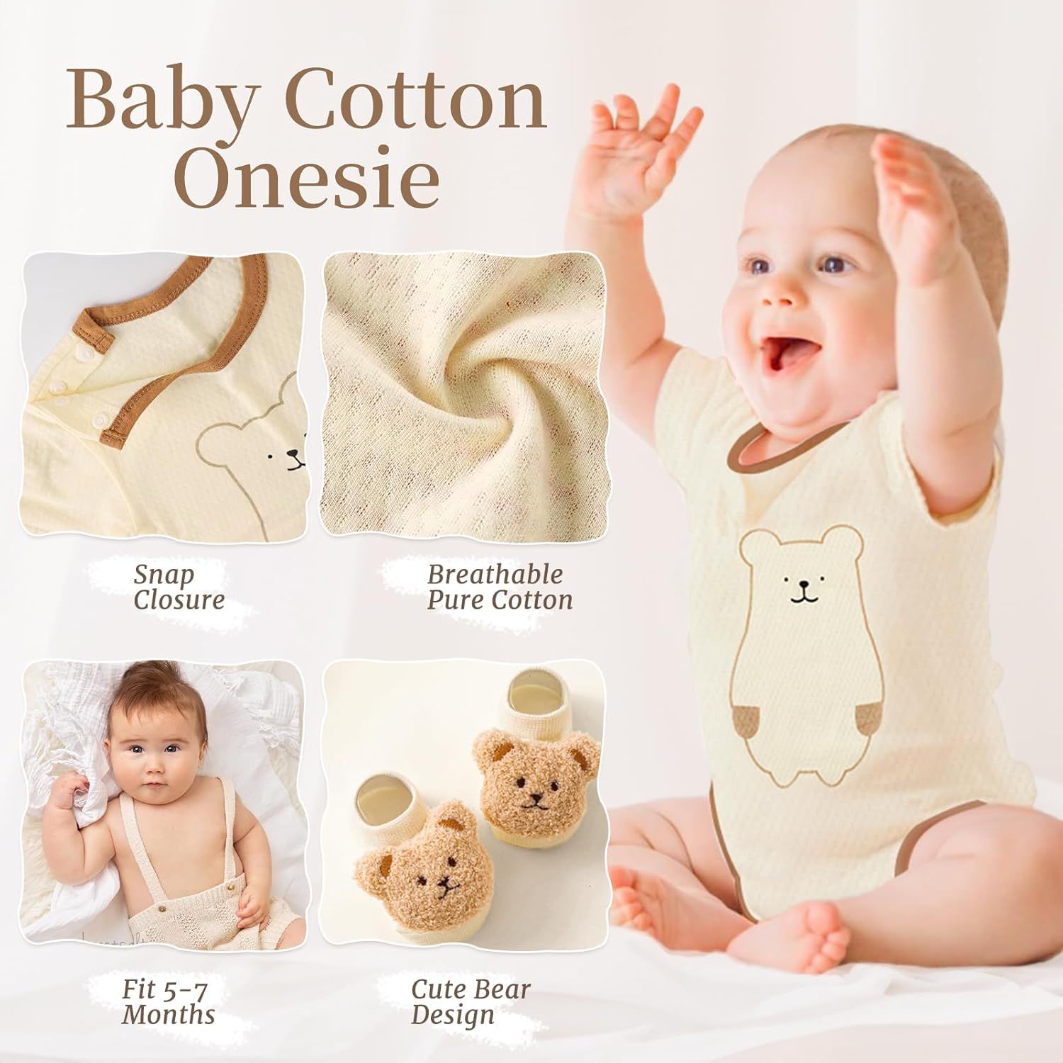 Highlights multiple distinct benefits of the baby onesie in a segmented layout to communicate quality, convenience, and design appeal.