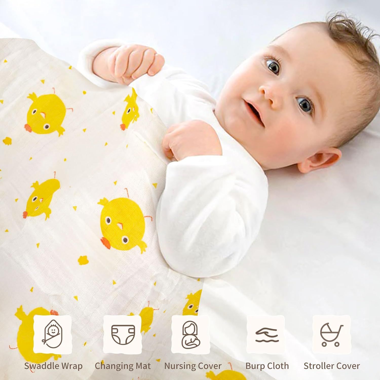 Demonstrates the versatility of the muslin blanket by showing five different use scenarios: swaddle wrap, changing mat, nursing cover, burp cloth, and stroller cover.