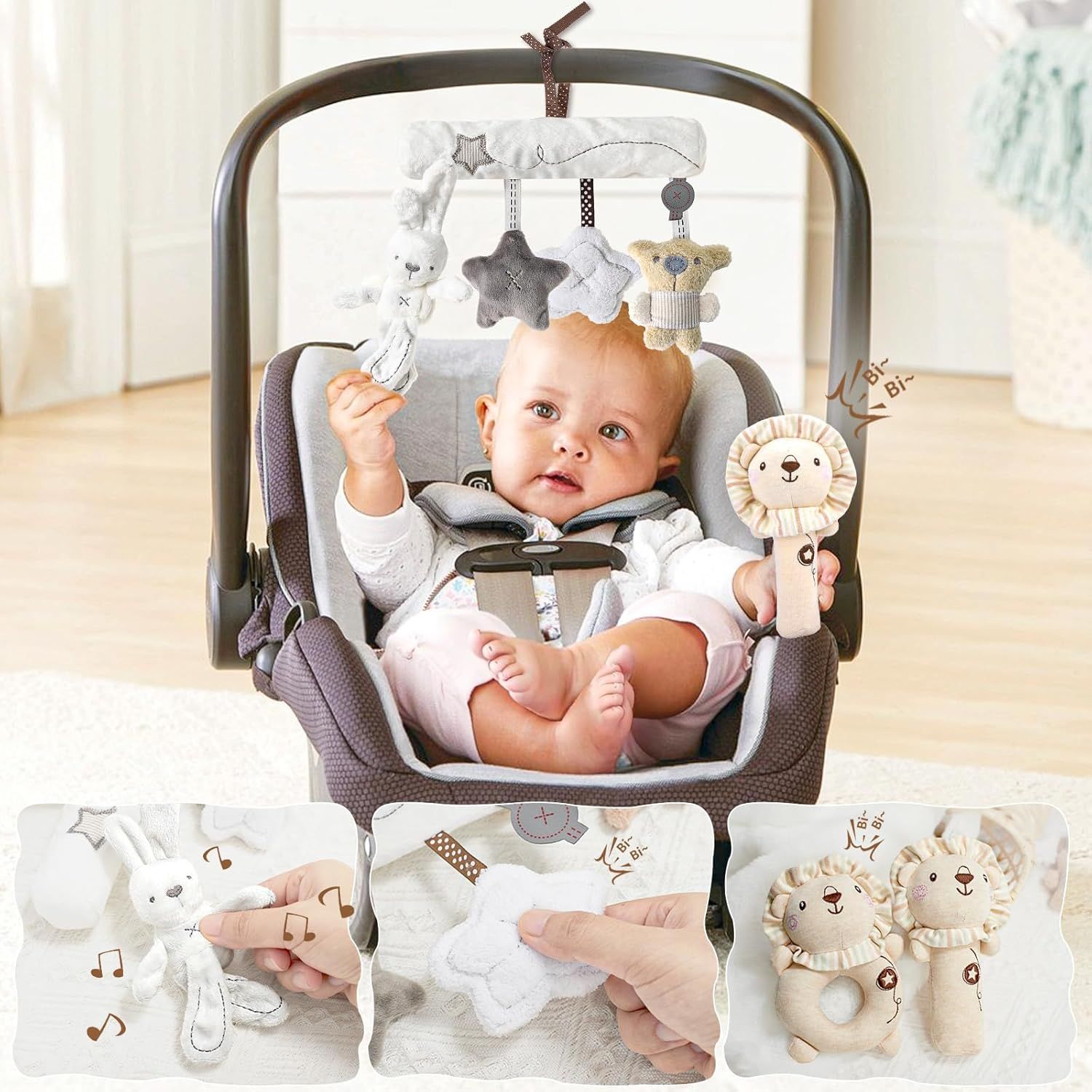 Showcases multiple features of the carseat toy set through segmented panels highlighting different sensory and developmental benefits for babies.