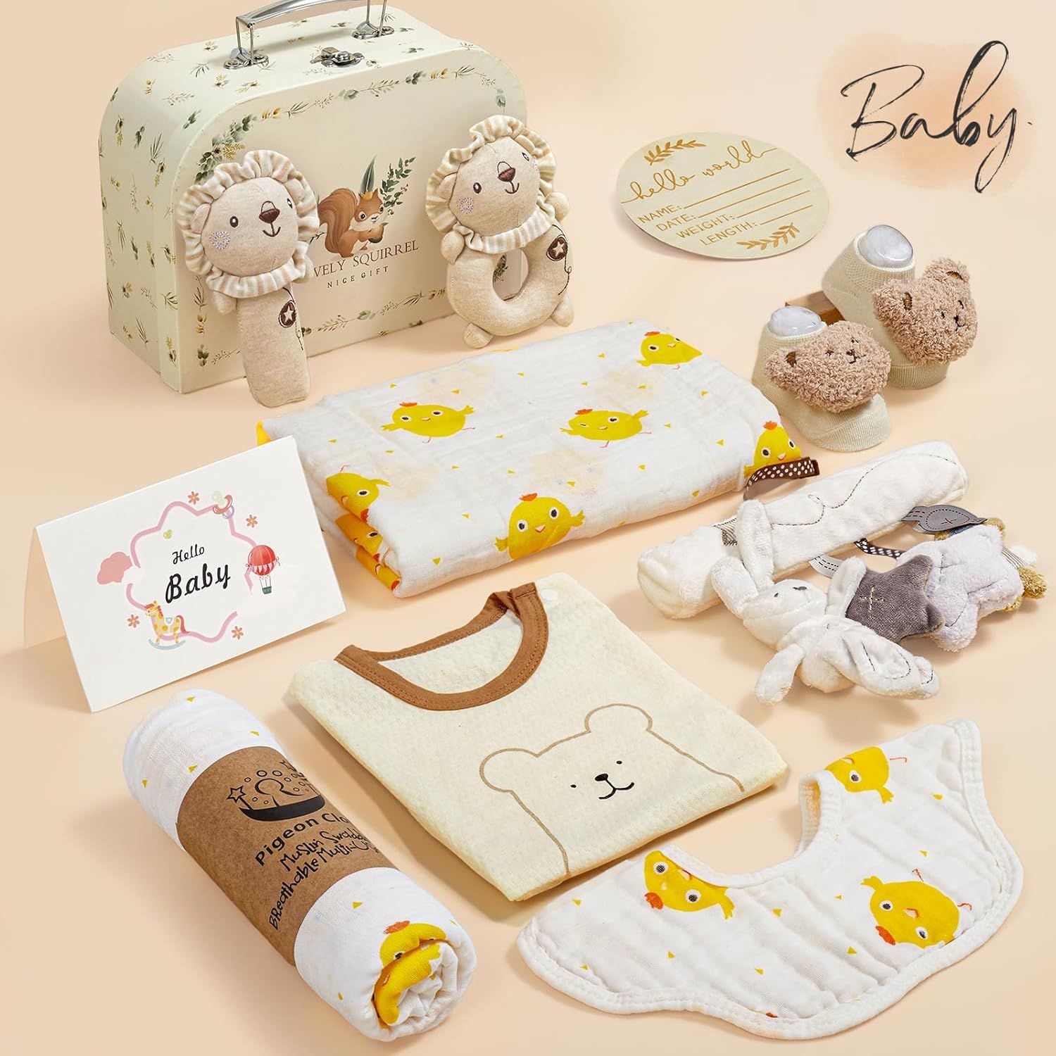 Presents all items in the baby gift set in a flat-lay arrangement to give shoppers a comprehensive view of everything included in the purchase.