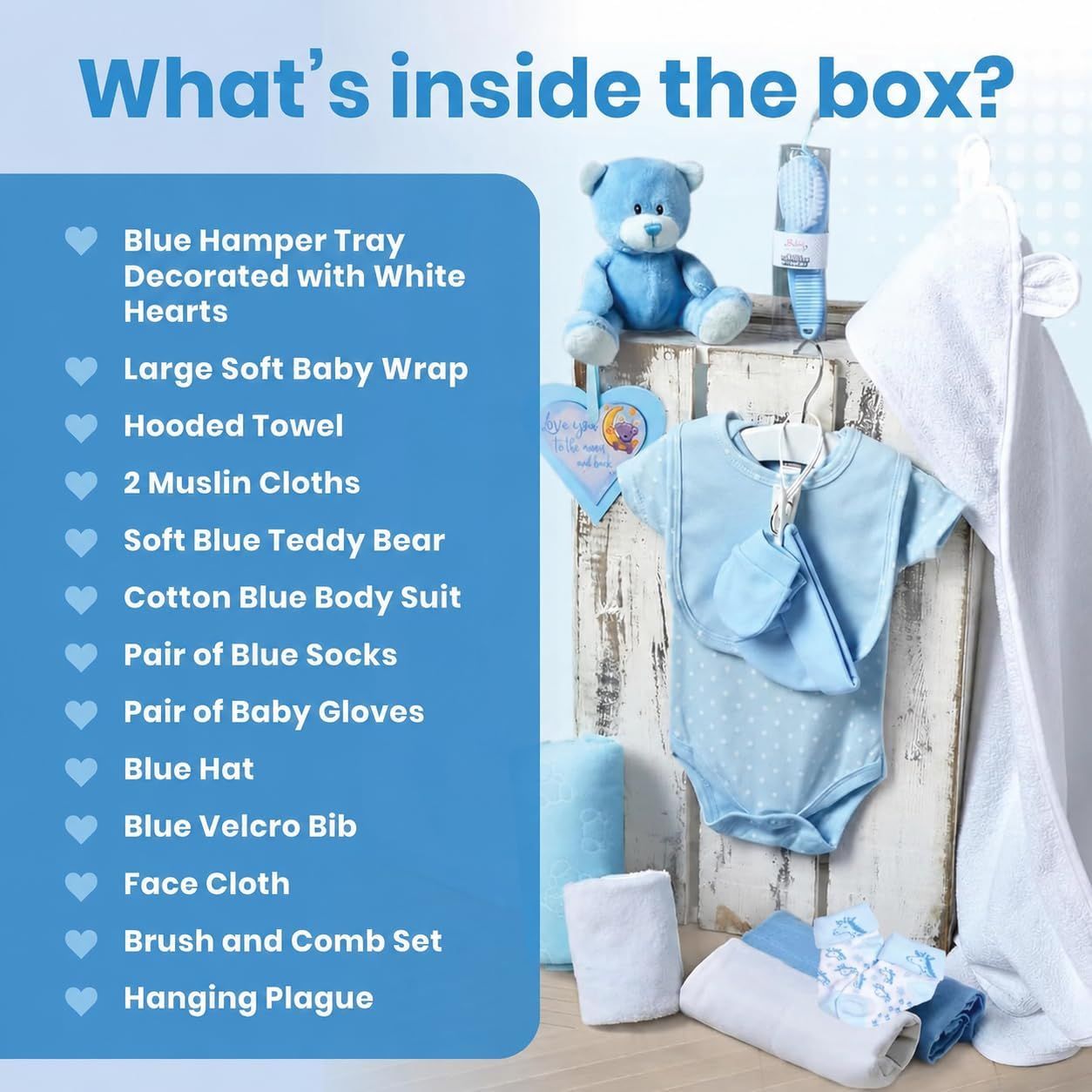 Shows shoppers exactly what items are included in the baby gift set, helping them understand the full value and contents of the purchase.