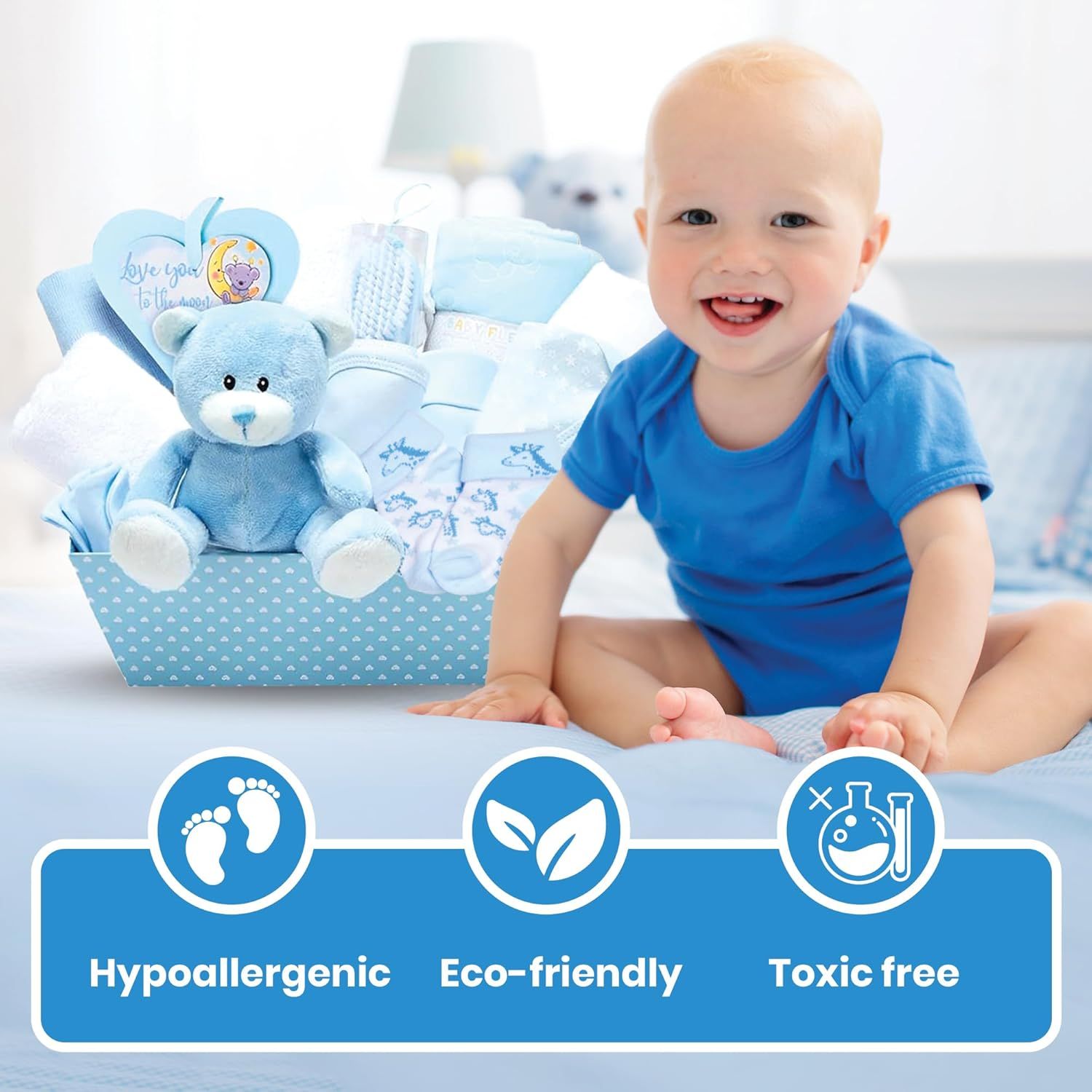 Highlights three key safety and sustainability benefits to reassure parents that the product is safe, gentle, and environmentally responsible for their baby. Communicates that the product meets…