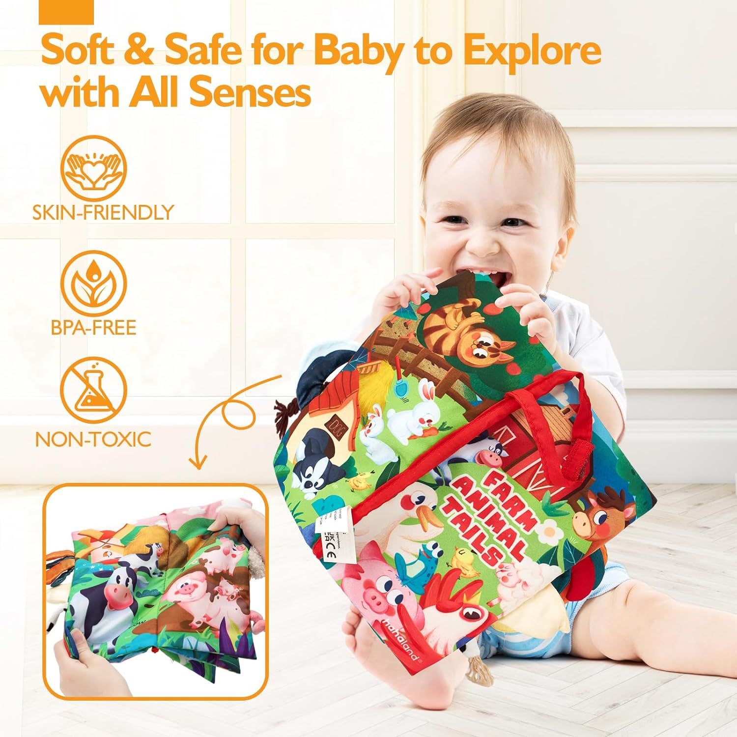 Reassures parents that the cloth books are safe for babies to explore with all senses, emphasizing material safety certifications. Communicates multiple safety benefits in a segmented layout to…