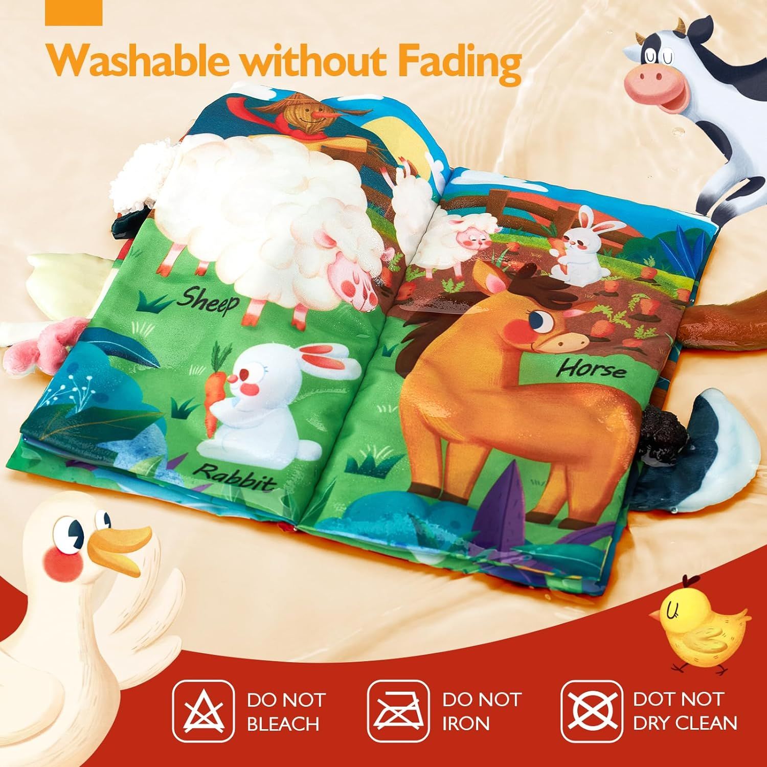 Highlights the easy-care and durability benefit, reassuring parents that the product maintains quality through repeated washing.