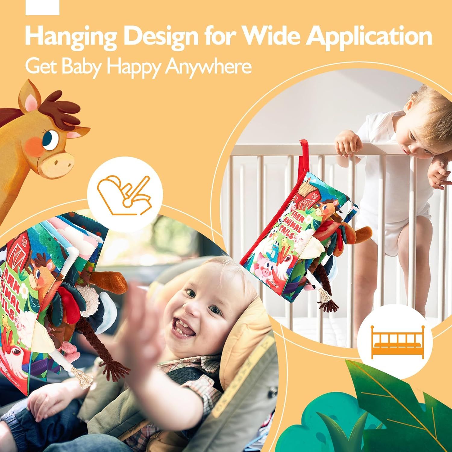 Demonstrates the product's versatility by showing it can be used in multiple settings like cribs, car seats, and strollers to keep baby entertained anywhere.