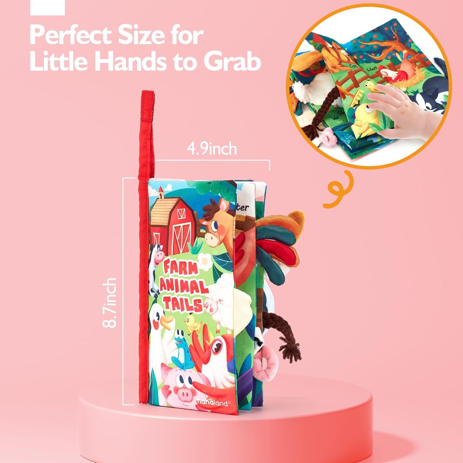 Shows the physical dimensions of the product and emphasizes that it is appropriately sized for babies to grasp and handle easily.