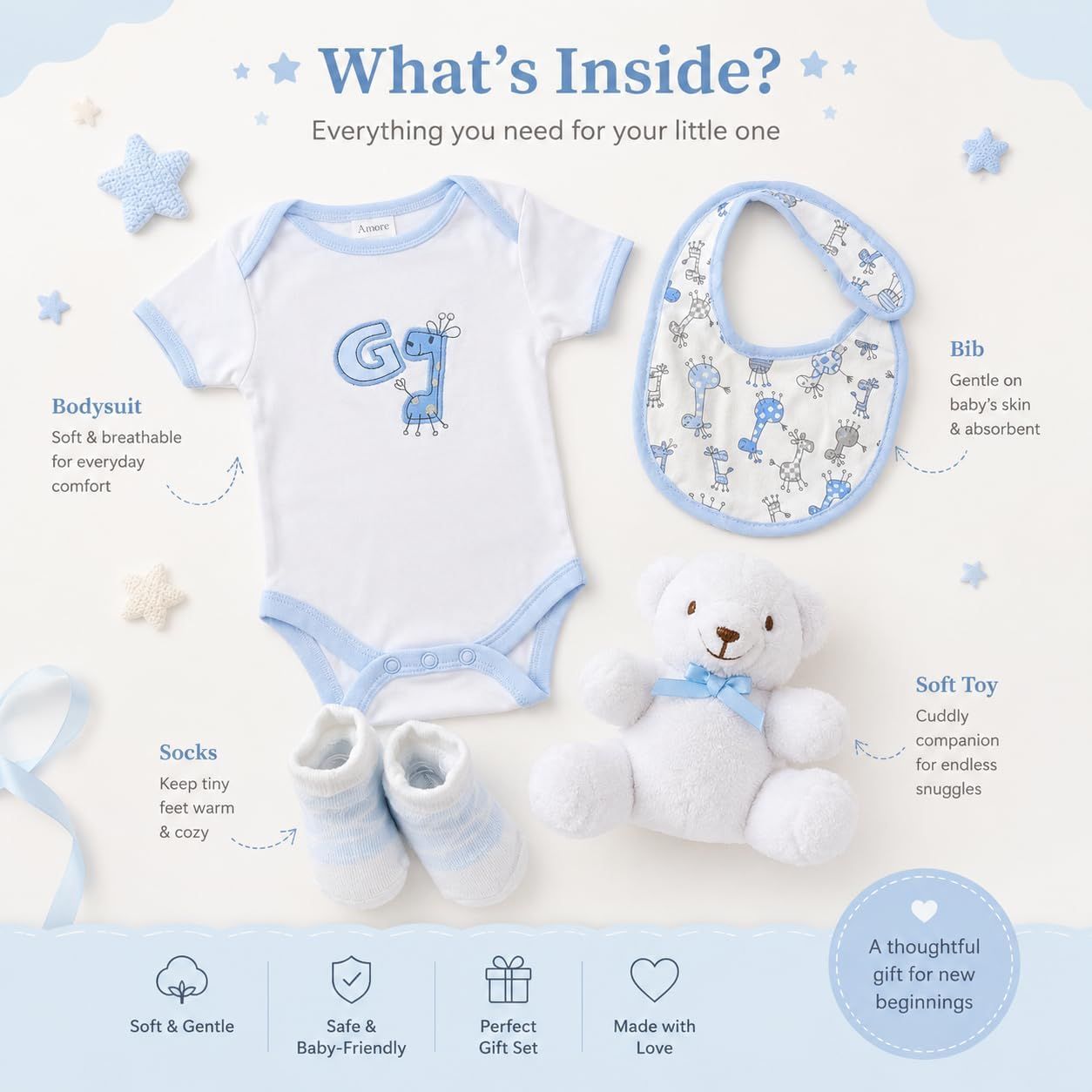 Shows everything included in the baby gift set to help shoppers understand the complete bundle they will receive.