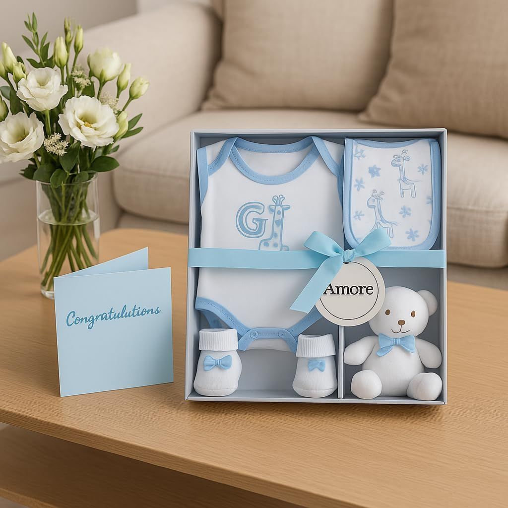 Positions the product as a congratulations gift for new parents with elegant presentation alongside a greeting card.