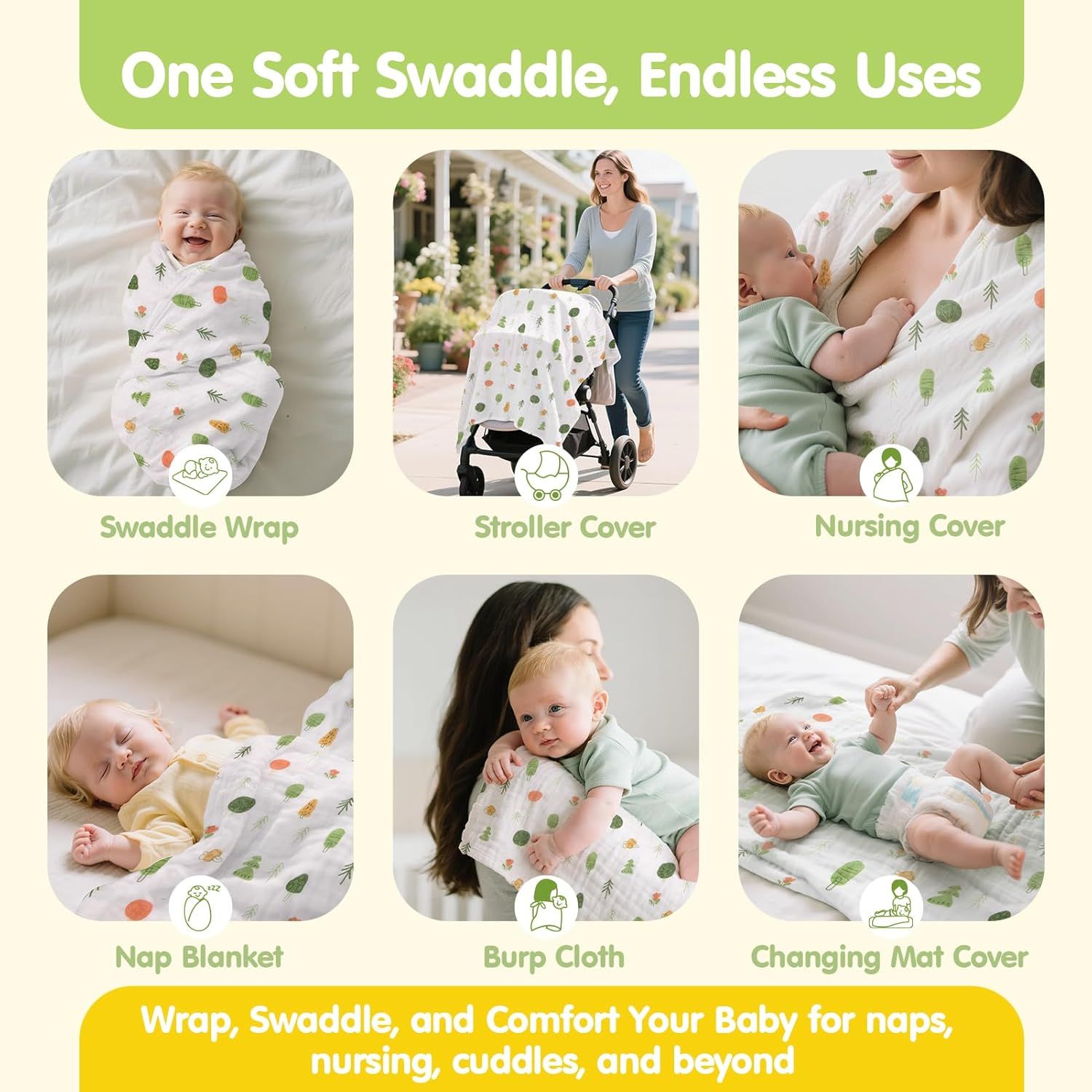 Demonstrates the versatility of the swaddle blanket by showing six different use cases to help shoppers understand the multiple ways they can use one product.