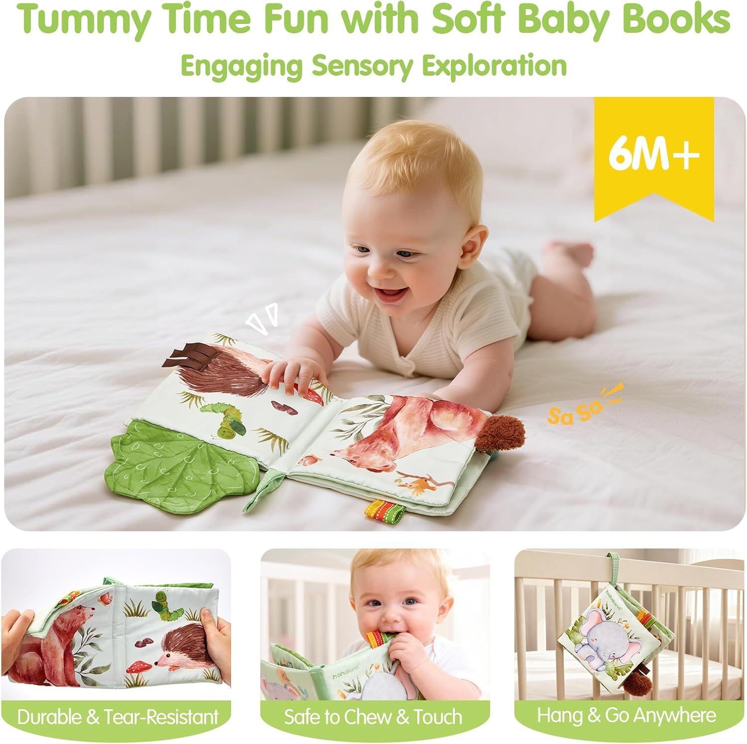 Showcases three distinct benefits of the baby sensory book through a segmented layout with lifestyle photos and labeled callouts to reassure parents about durability, safety, and portability.