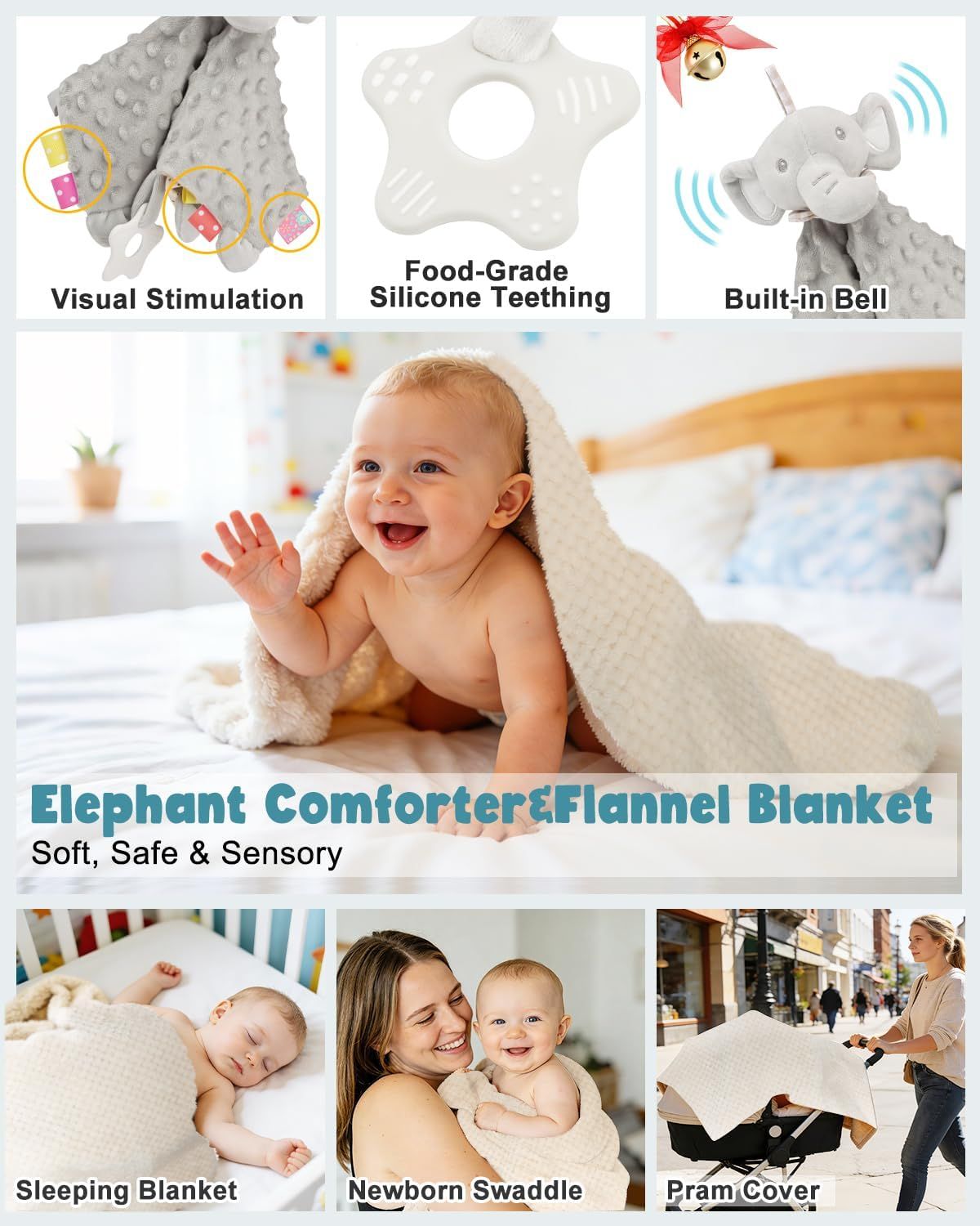 Demonstrates the versatility of the elephant comforter and flannel blanket by showing multiple use cases and scenarios where the product can be used.