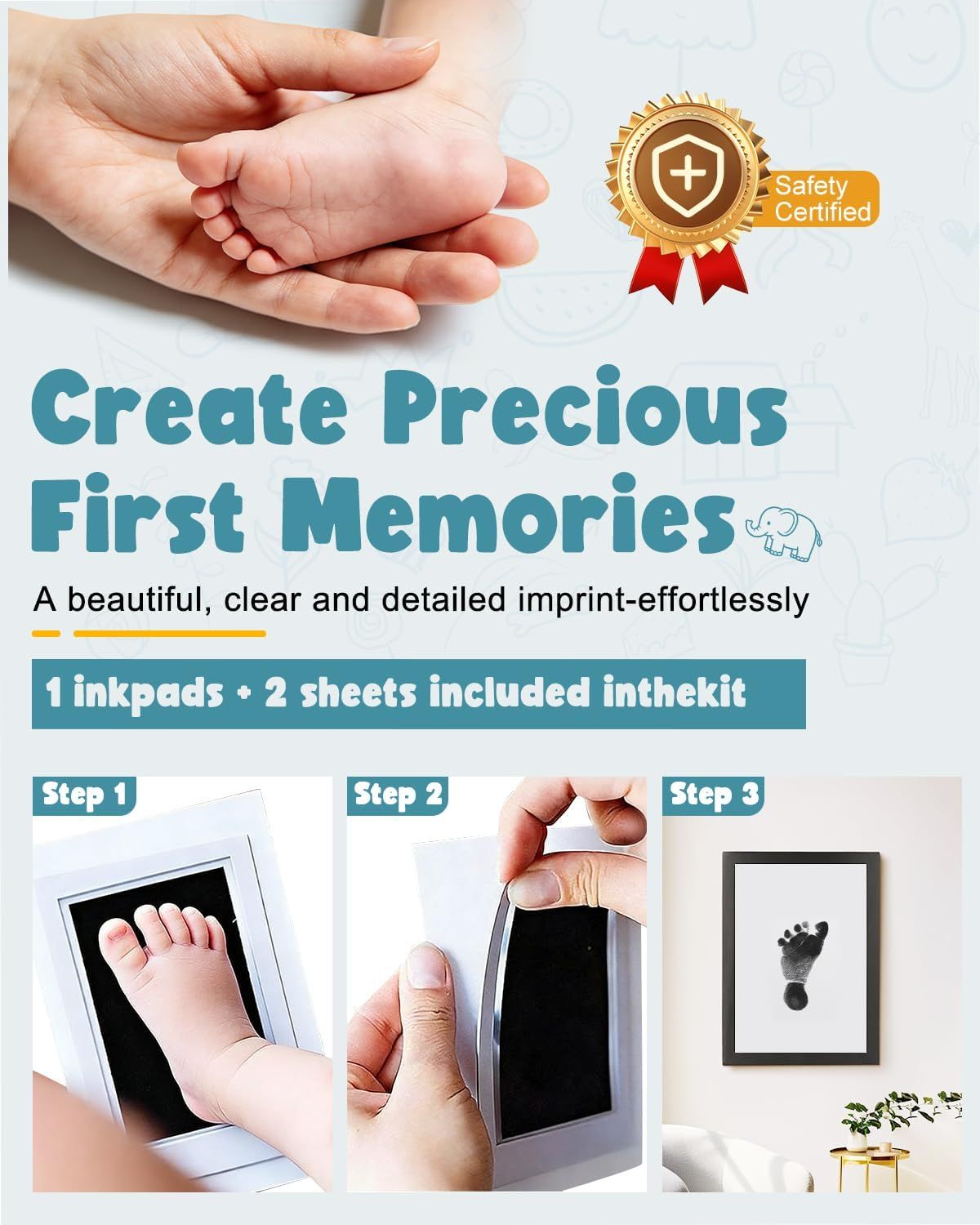 Provides step-by-step instructions on how to create a baby footprint keepsake using the included ink pad and sheets, making the process clear and easy for parents. Reassures parents that the product…