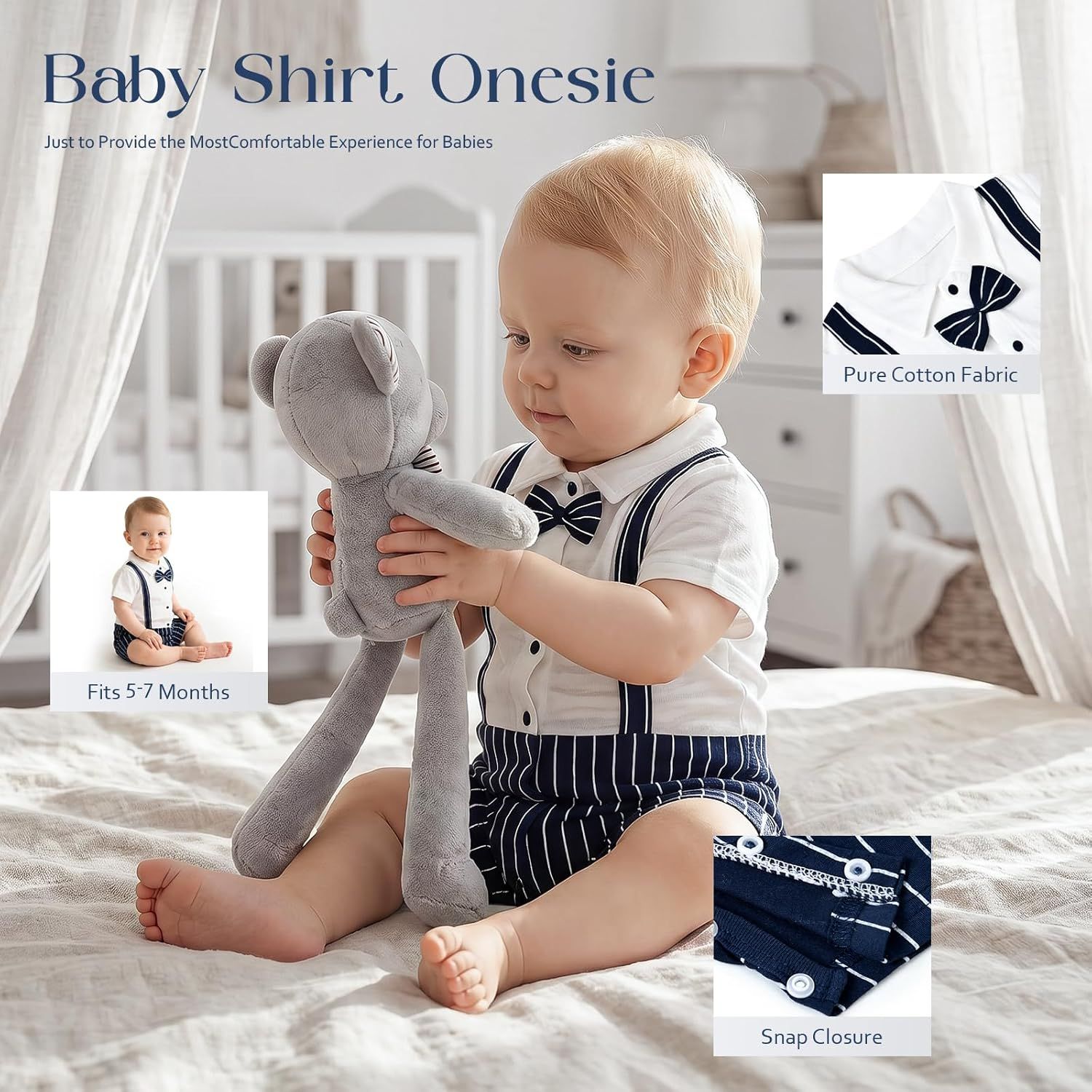 Highlights multiple distinct features of the baby onesie including fabric quality, sizing, and closure design to reassure parents of comfort and convenience.