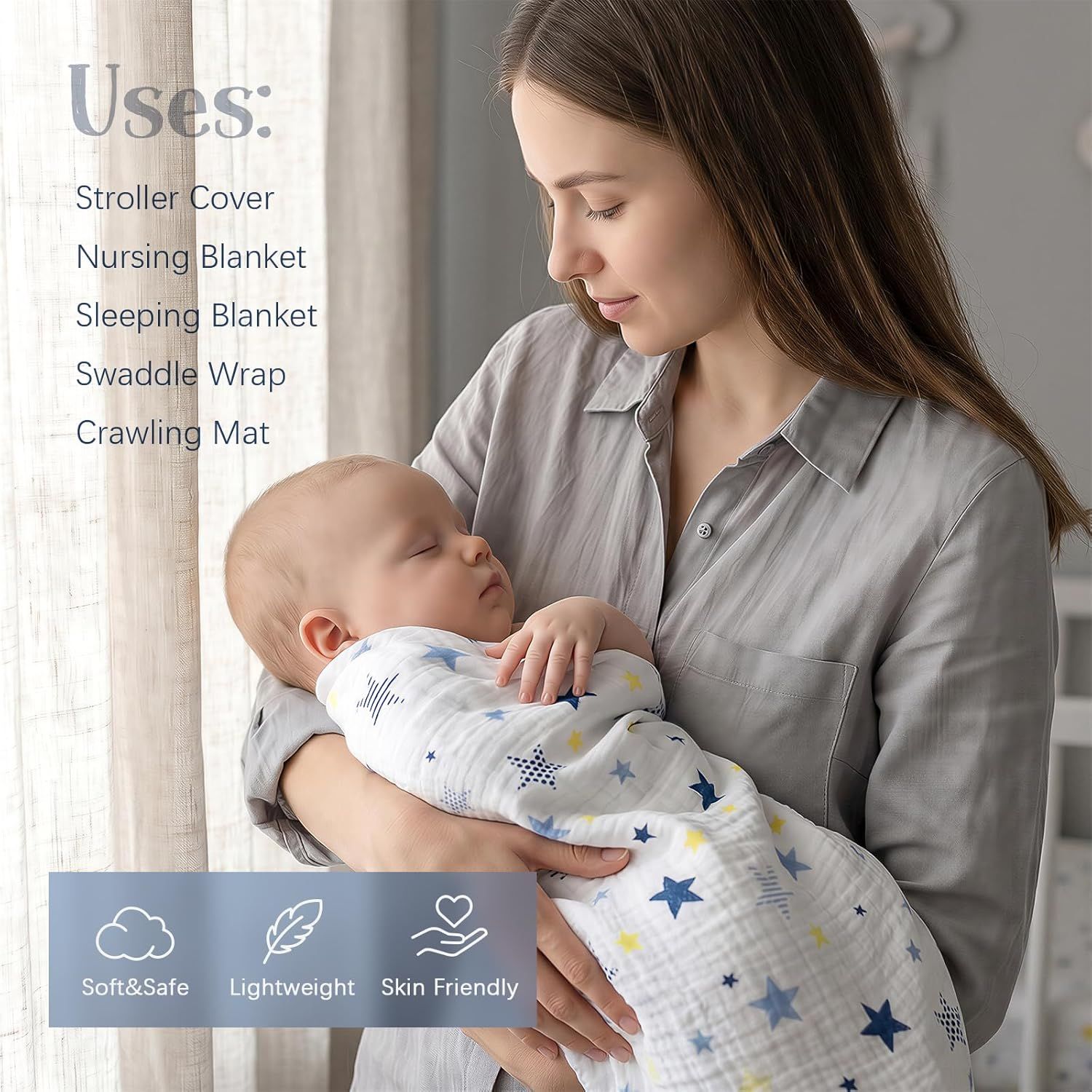 Demonstrates the multiple ways the swaddle blanket can be used including as a stroller cover, nursing blanket, sleeping blanket, swaddle wrap, and crawling mat. Communicates the comfort and safety…