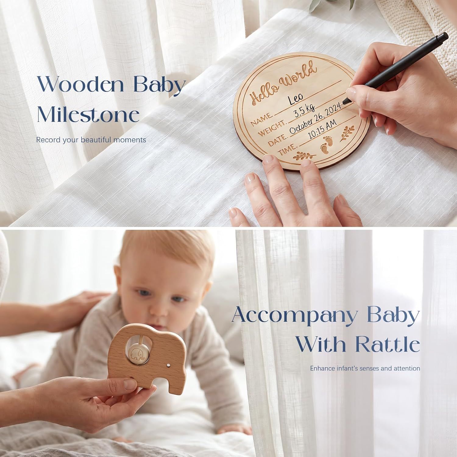 Showcases two distinct product features in a segmented layout: the milestone recording function and the sensory development benefit of the rattle toy.