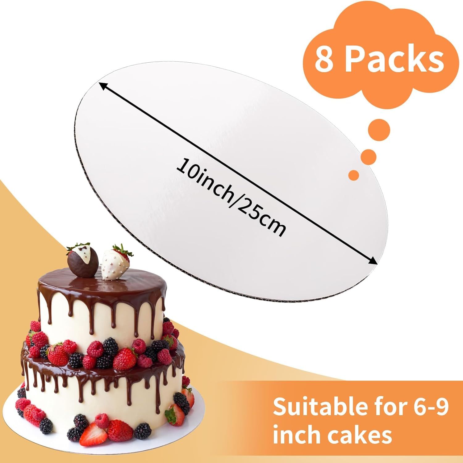 Communicates the physical size of the cake boards and their compatibility with specific cake sizes, helping shoppers understand what size cakes the product supports. Highlights the practical benefit…