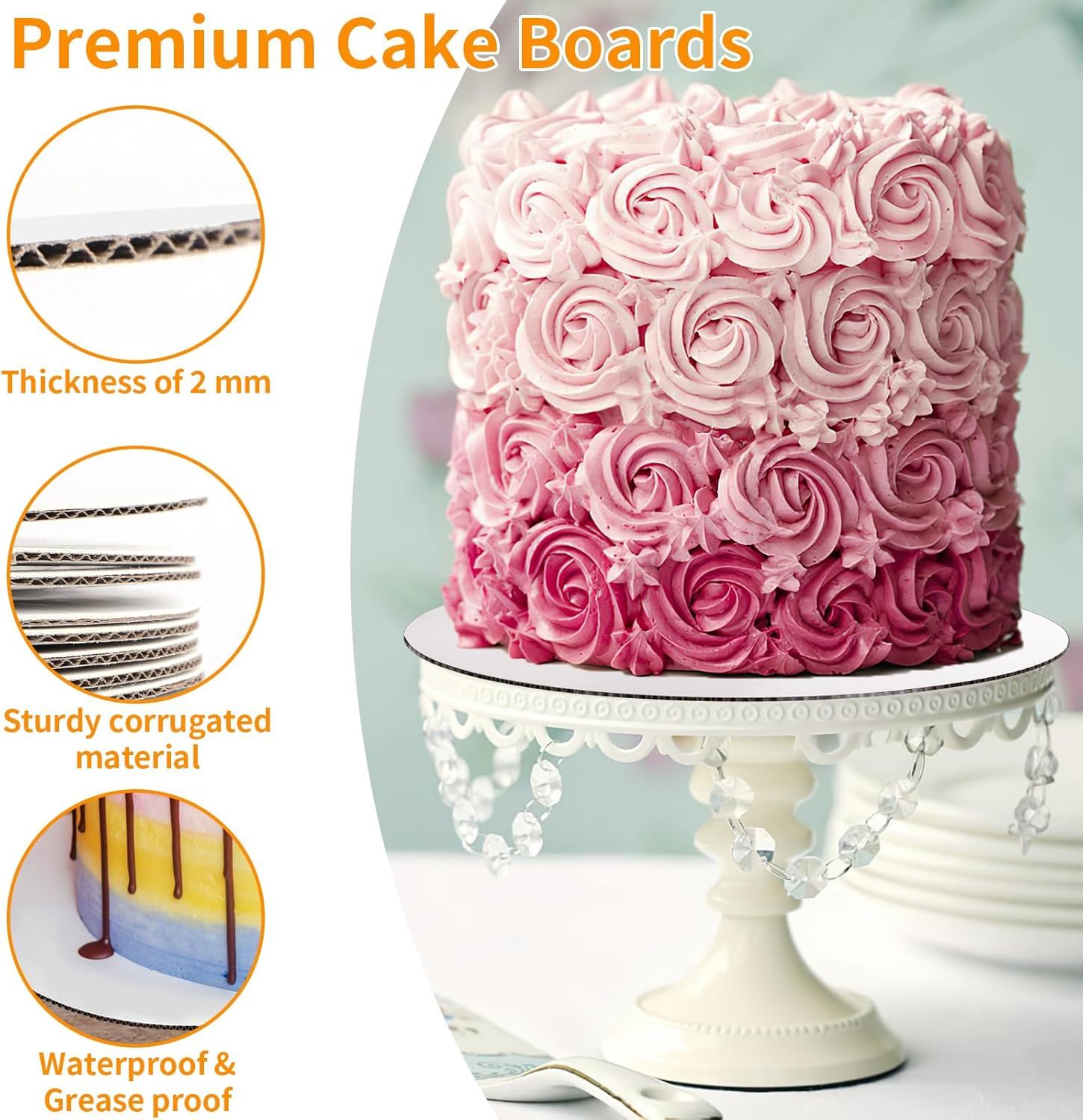 Breaks down the physical construction and material properties of the cake boards, showing shoppers what makes the product durable and functional through labeled callouts of its structural…