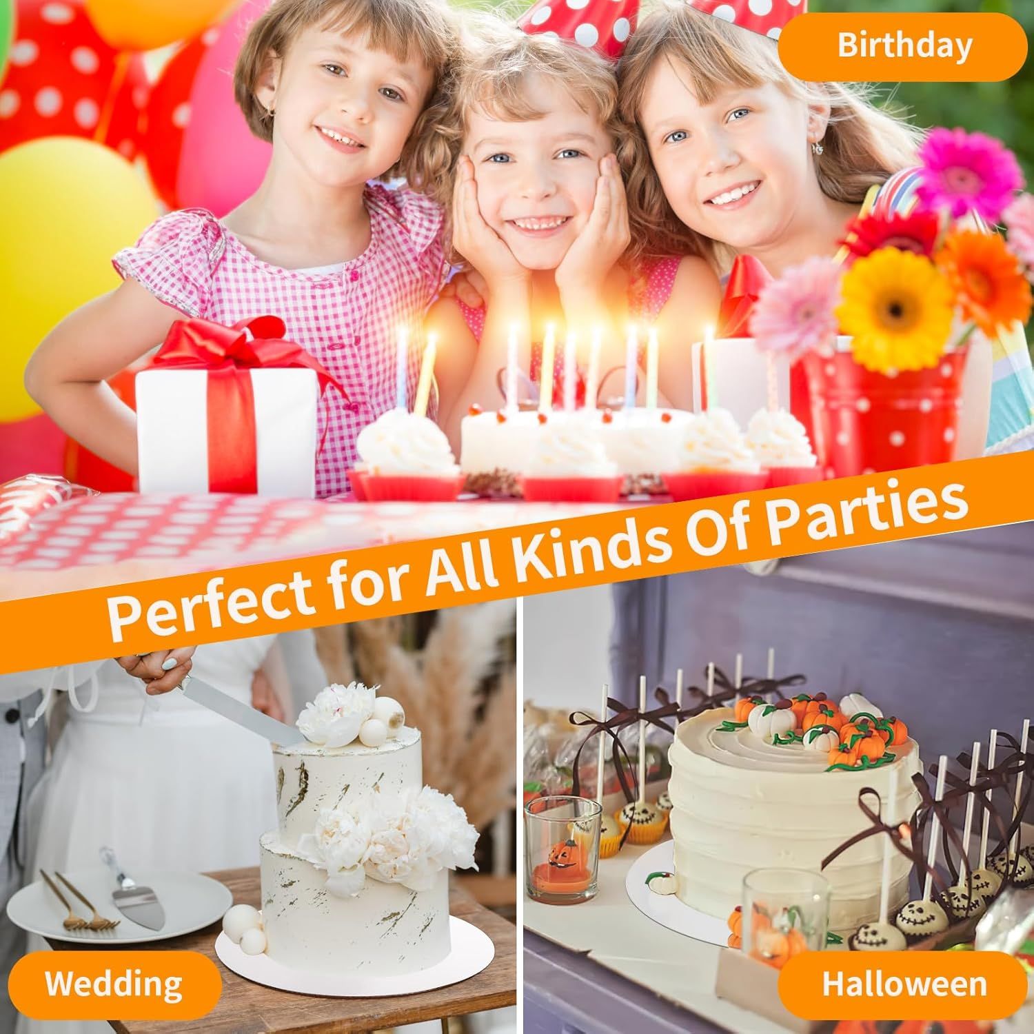 Demonstrates the versatility of the cake boards across multiple party types and celebrations, showing shoppers the product works for various occasions.