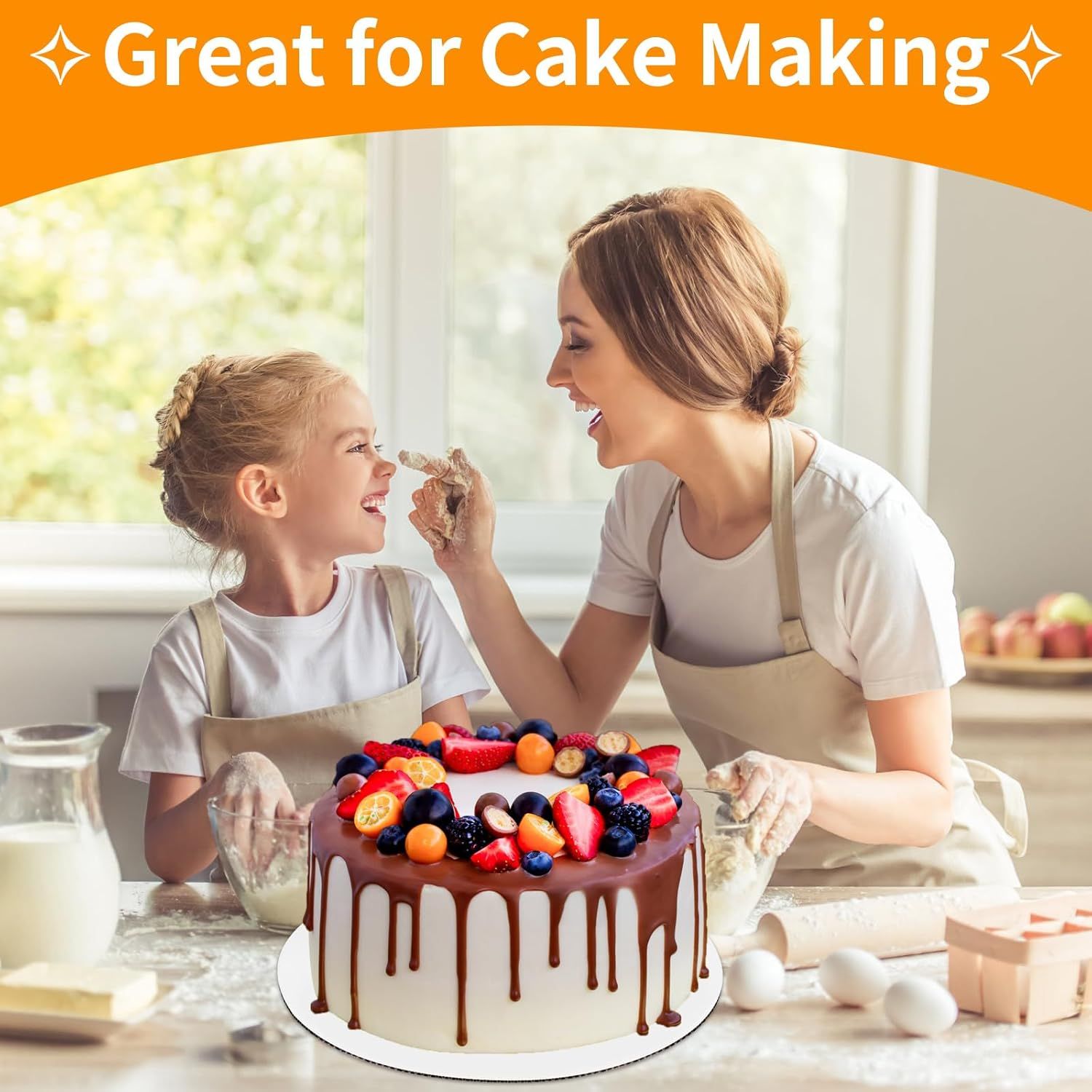 Communicates the primary use case of the product for home cake making, creating an emotional connection by showing a mother-daughter baking moment.