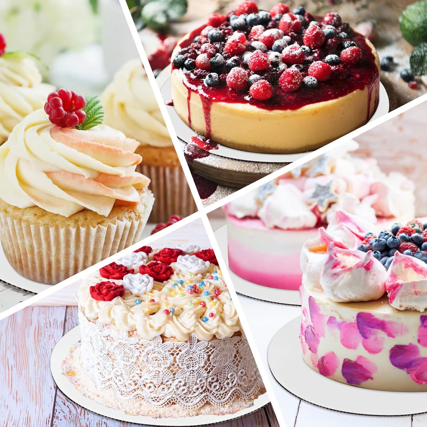 Shows the product supporting multiple types of desserts and baked goods in a collage format, demonstrating versatility across different baking applications.