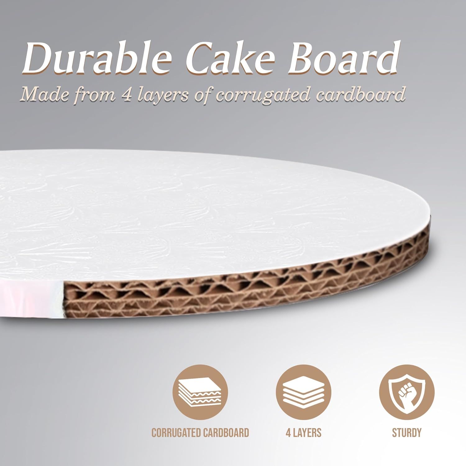 Breaks down the physical structure of the cake board by showing the 4 layers of corrugated cardboard material, highlighting what the product is made of and its sturdy construction. Communicates…