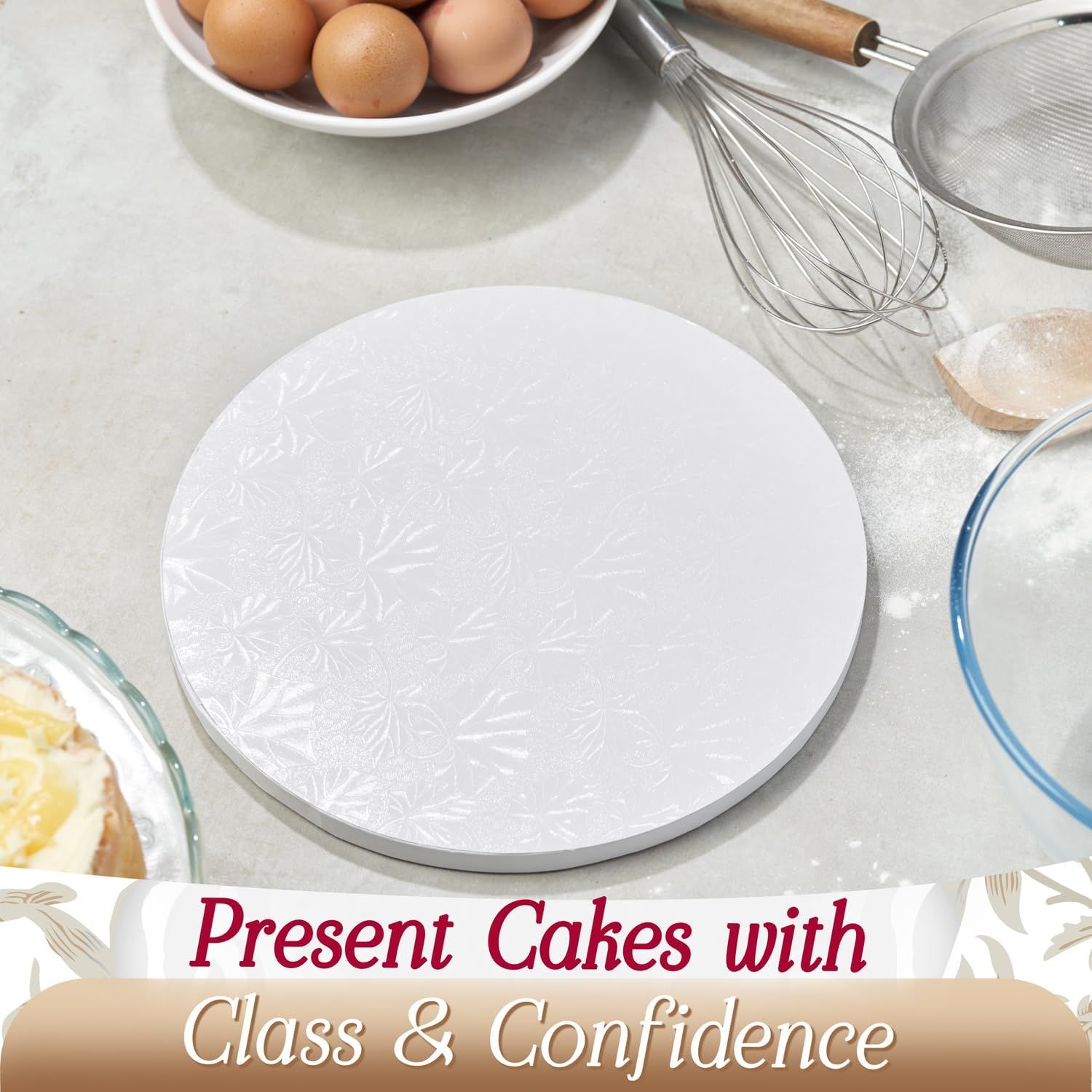 Highlights the cake board's ability to present cakes with class and confidence in a lifestyle baking context.