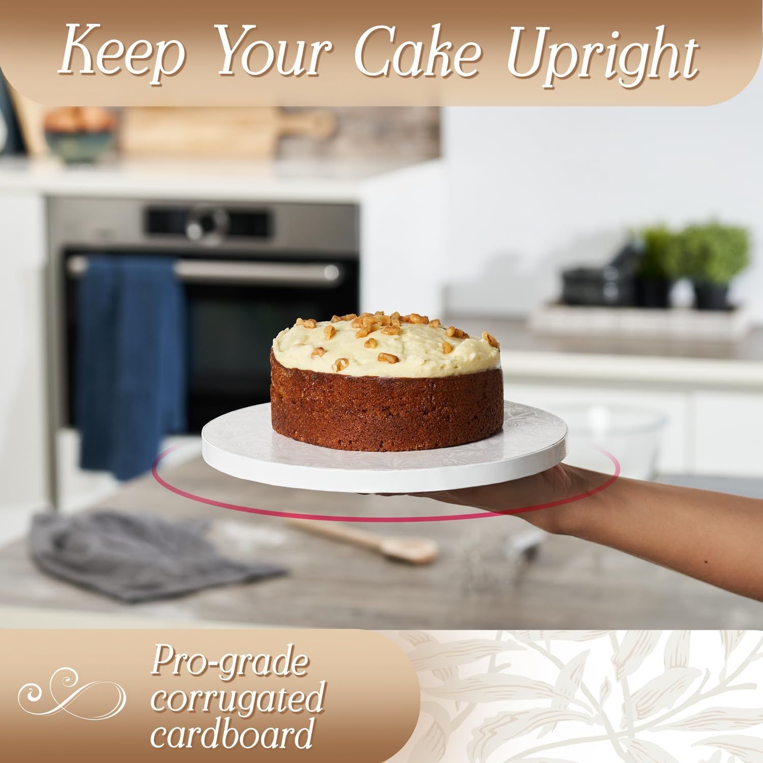 Demonstrates the cake board's ability to keep cakes stable and upright during handling, made from pro-grade corrugated cardboard.