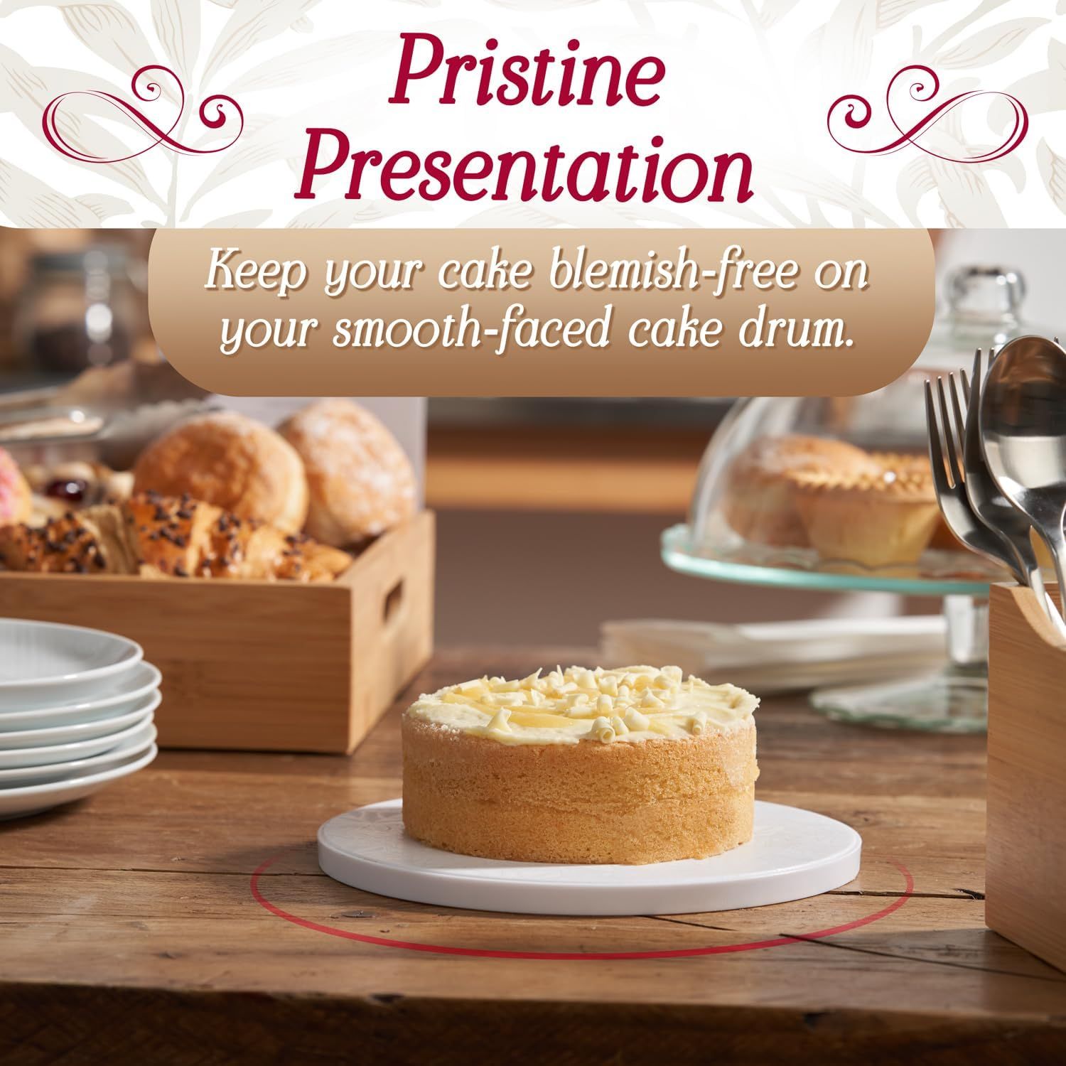 Highlights the smooth-faced cake drum's ability to keep cakes looking pristine and blemish-free for professional presentation.
