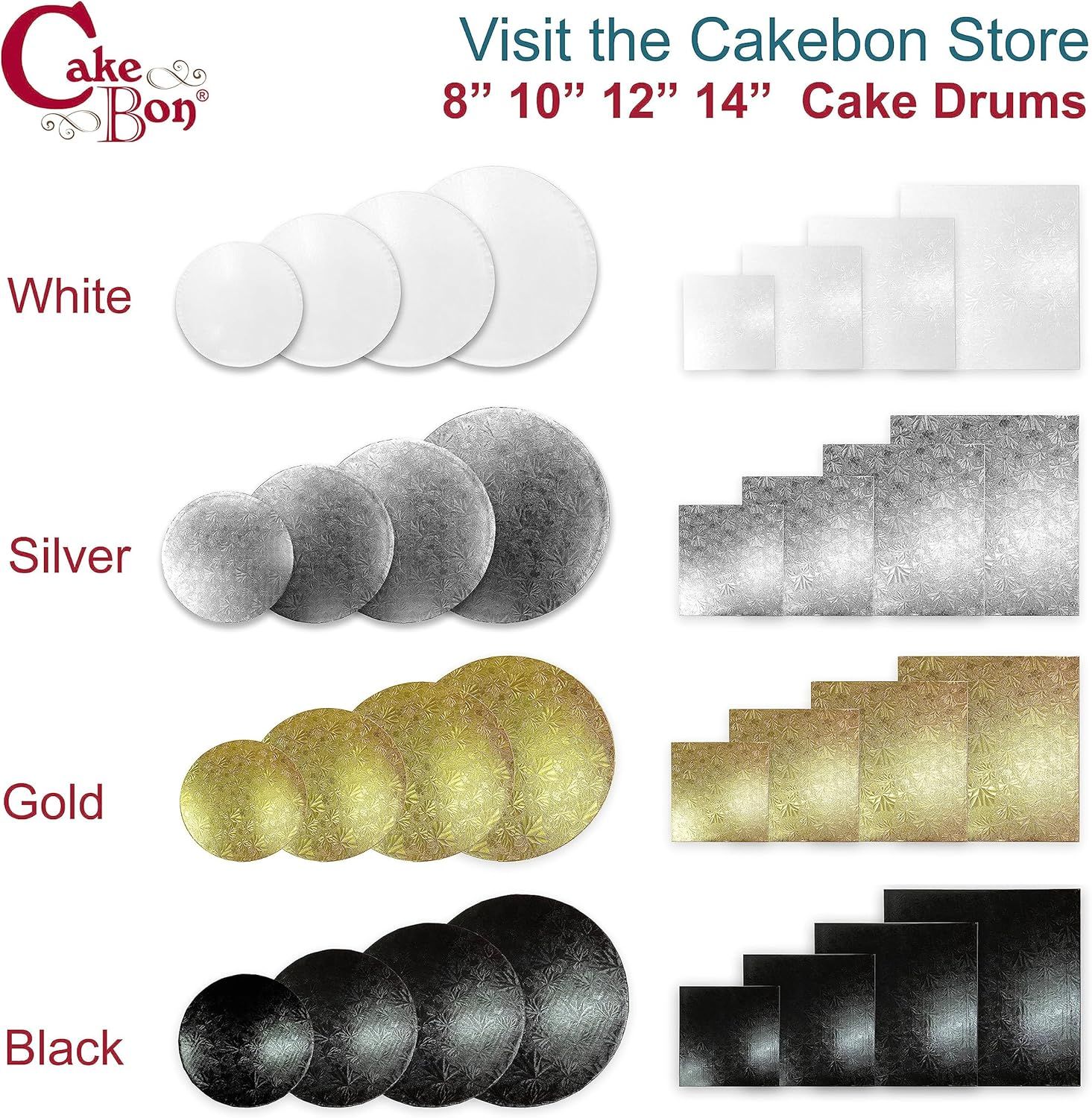 Displays the brand's full product lineup showing multiple size options (8, 10, 12, 14 inch) and color variants (White, Silver, Gold, Black) available in both round and square shapes.