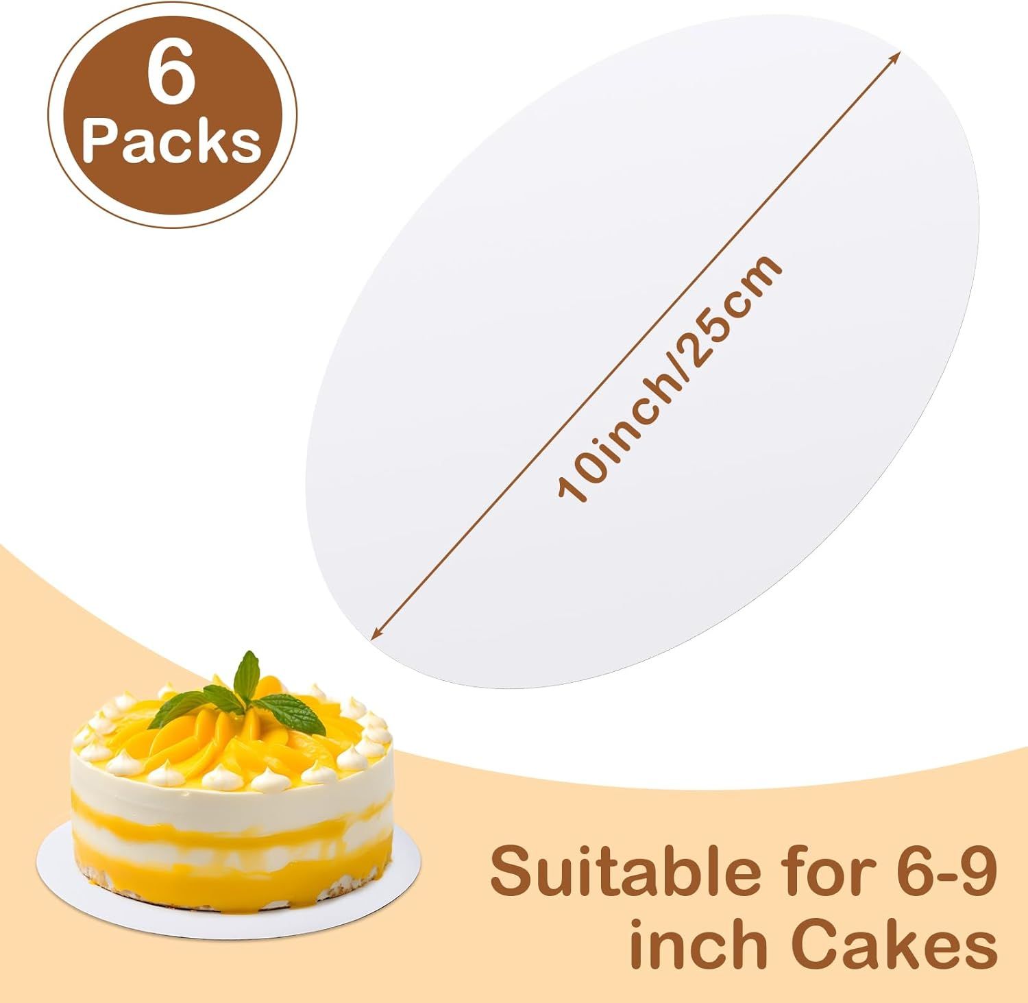 Communicates the physical dimensions of the cake board and the cake sizes it accommodates, helping shoppers determine fit for their needs. Highlights the product's suitability for standard cake…