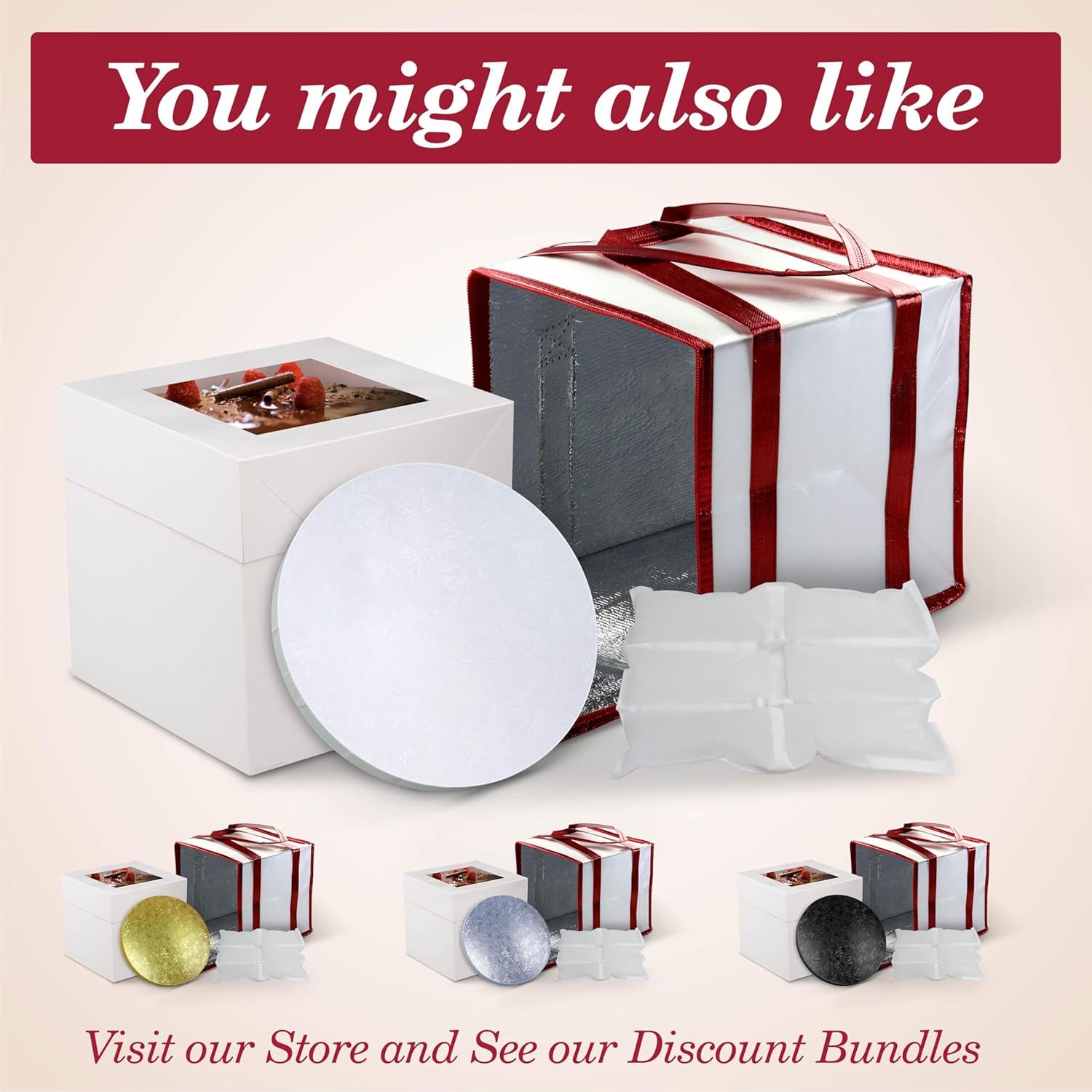 Showcases the brand's product line by displaying multiple color options (gold, silver, black) and related cake accessories, encouraging shoppers to explore the full range and discount bundles.