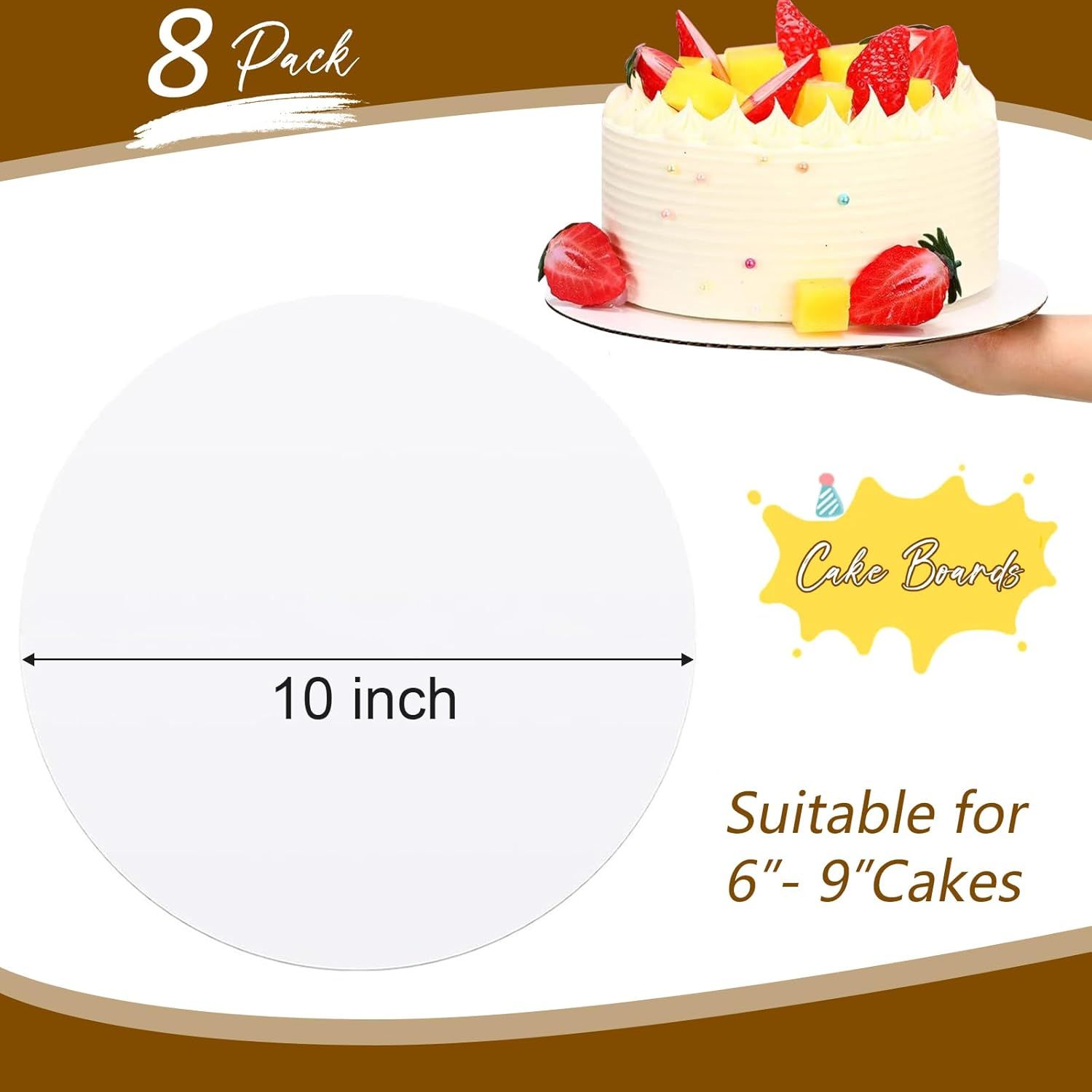 Communicates the physical dimensions of the cake board and its compatibility range to help shoppers understand what size cakes it can support. Shows that the customer receives 8 cake boards in the…
