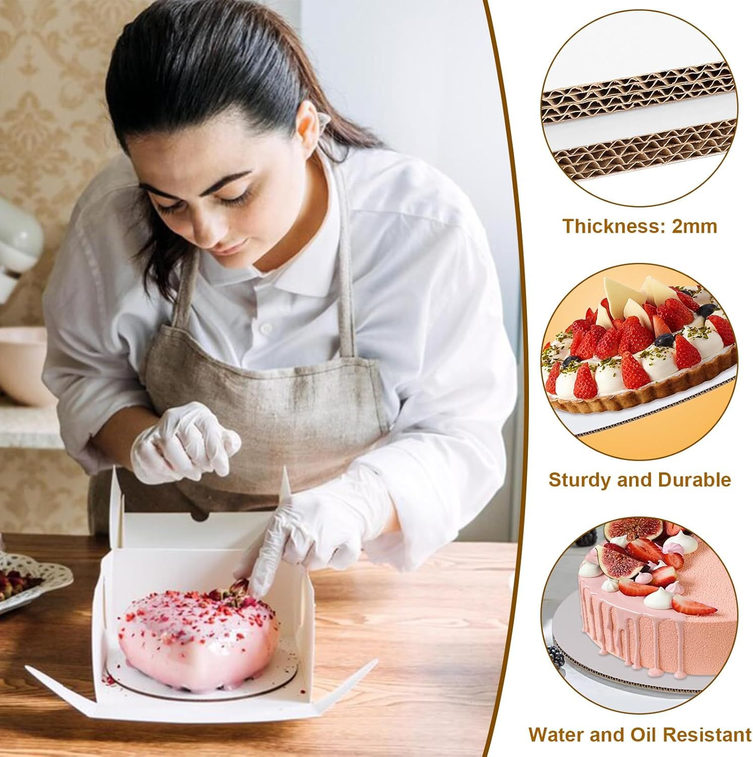 Highlights multiple product benefits in a segmented layout showing the material quality, structural strength, and protective properties of the cake boards.