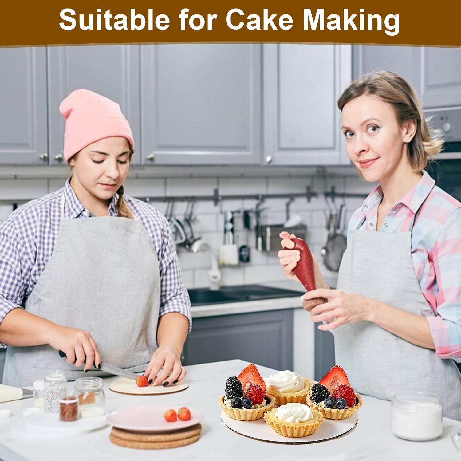 Demonstrates the primary use case of the product for cake making in a simple, clean lifestyle context.