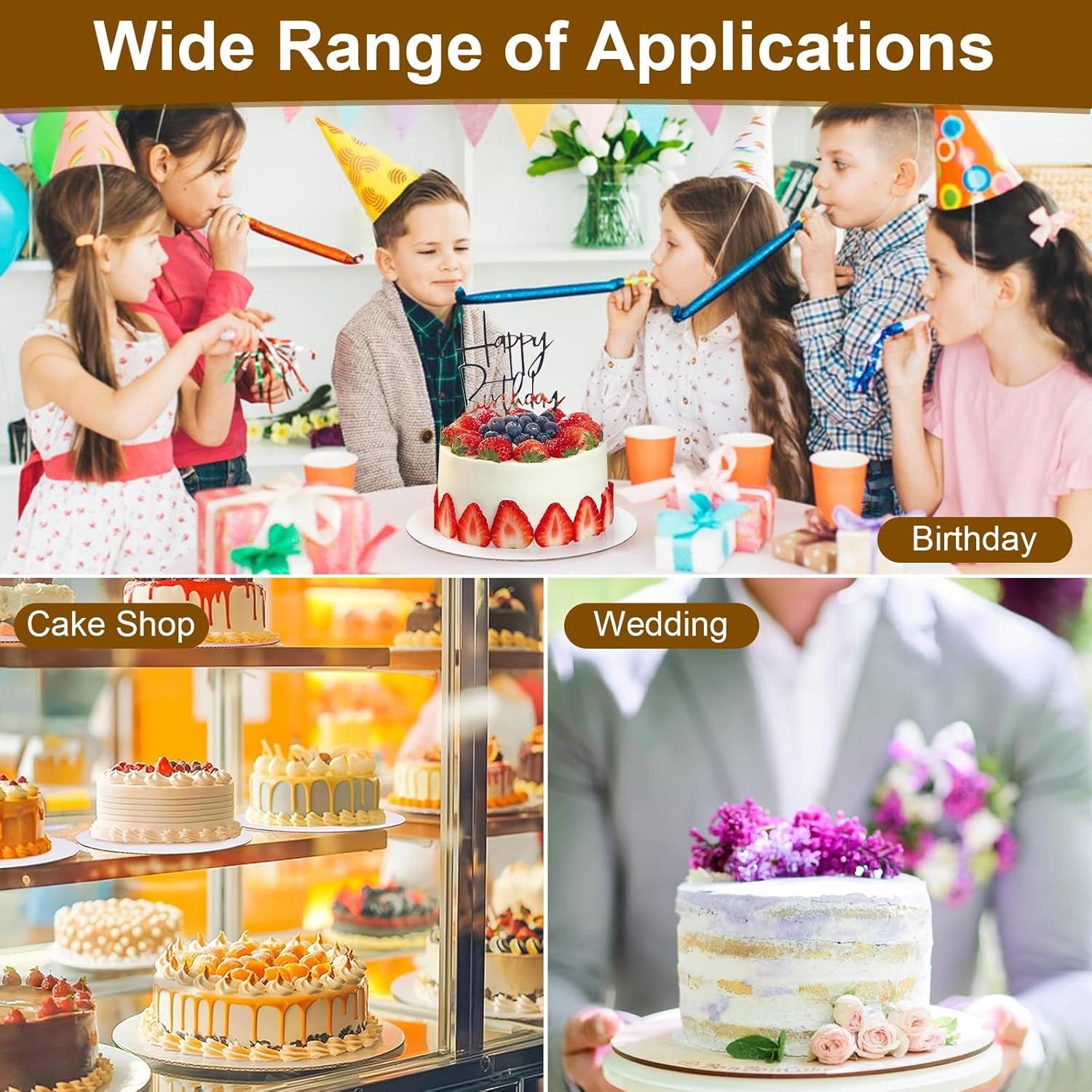 Shows multiple use scenarios and occasions where the cake boards can be used, demonstrating versatility across different events and settings.