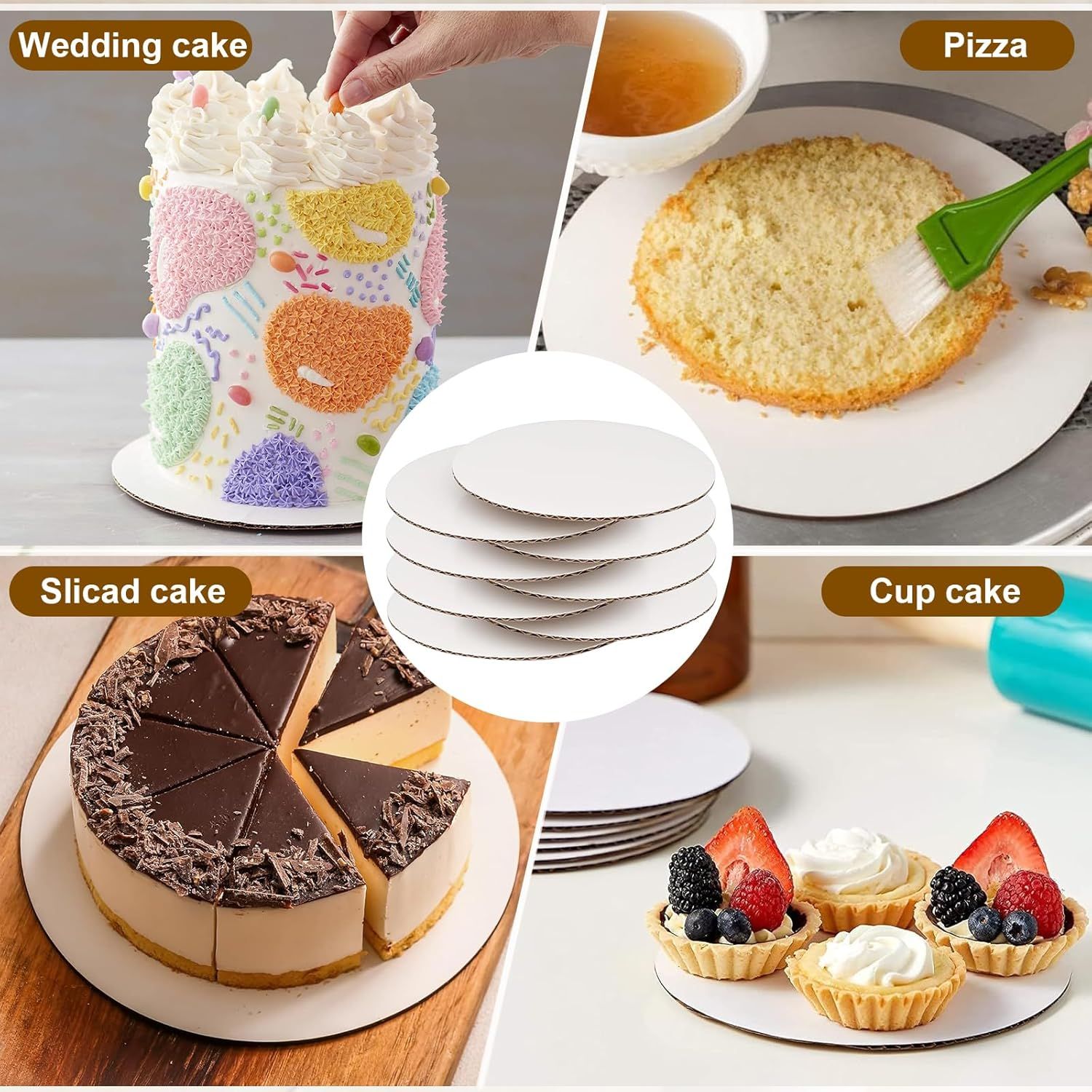 Demonstrates multiple food applications showing the product works with various types of cakes and baked goods, highlighting versatility.