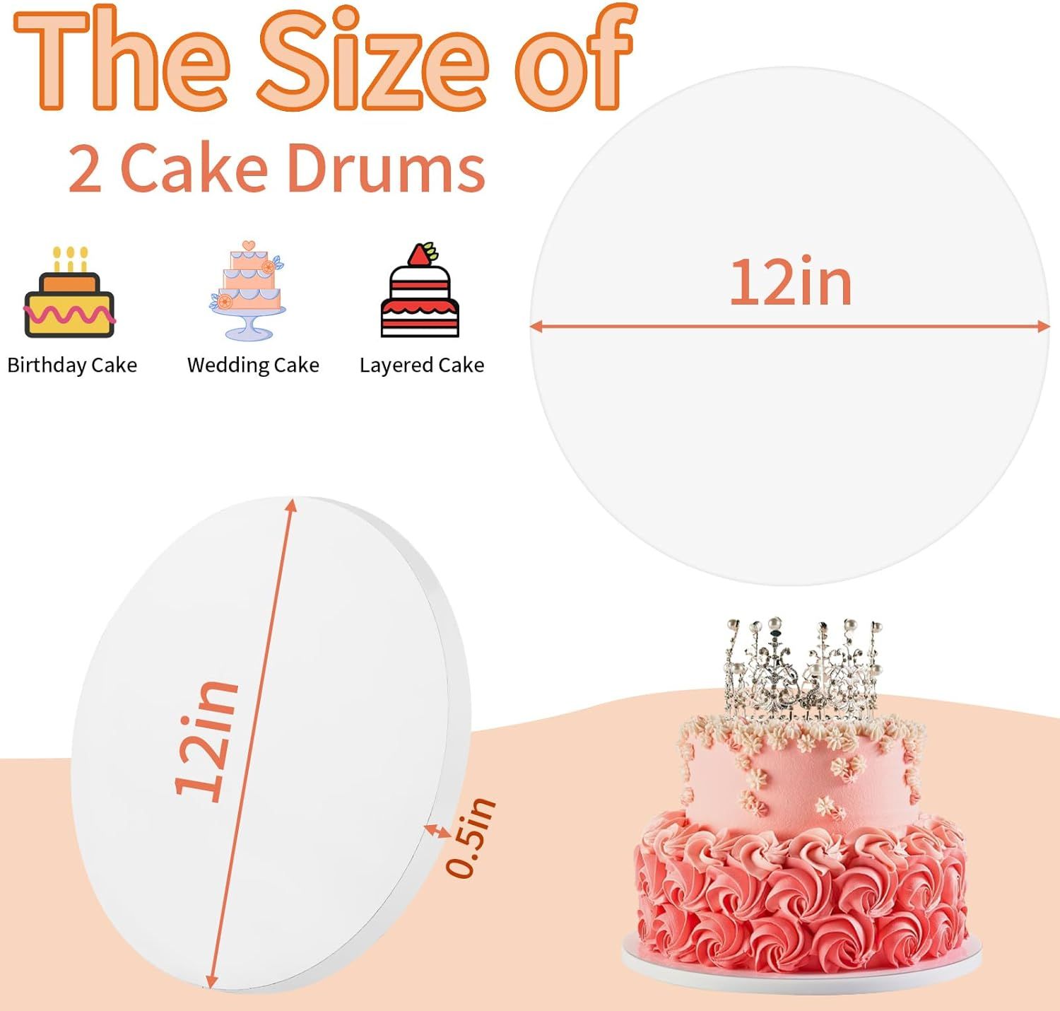 Shows the exact physical dimensions of the cake drums to help shoppers understand the size and ensure it fits their cake needs. Demonstrates the multiple cake types and occasions the product is…