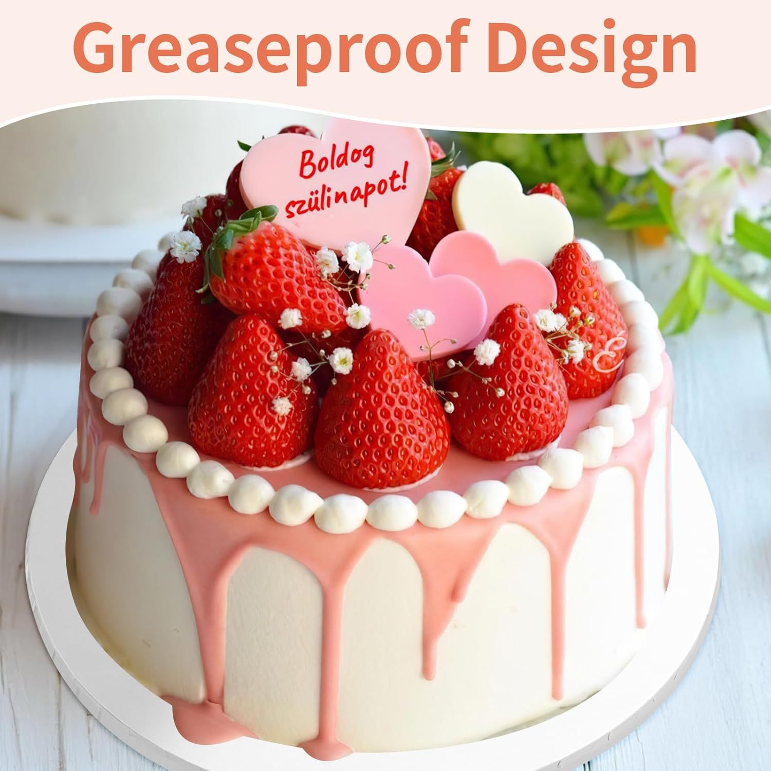 Communicates that the cake drum has a greaseproof surface, reassuring shoppers that it will keep cakes clean and presentable without grease seepage.