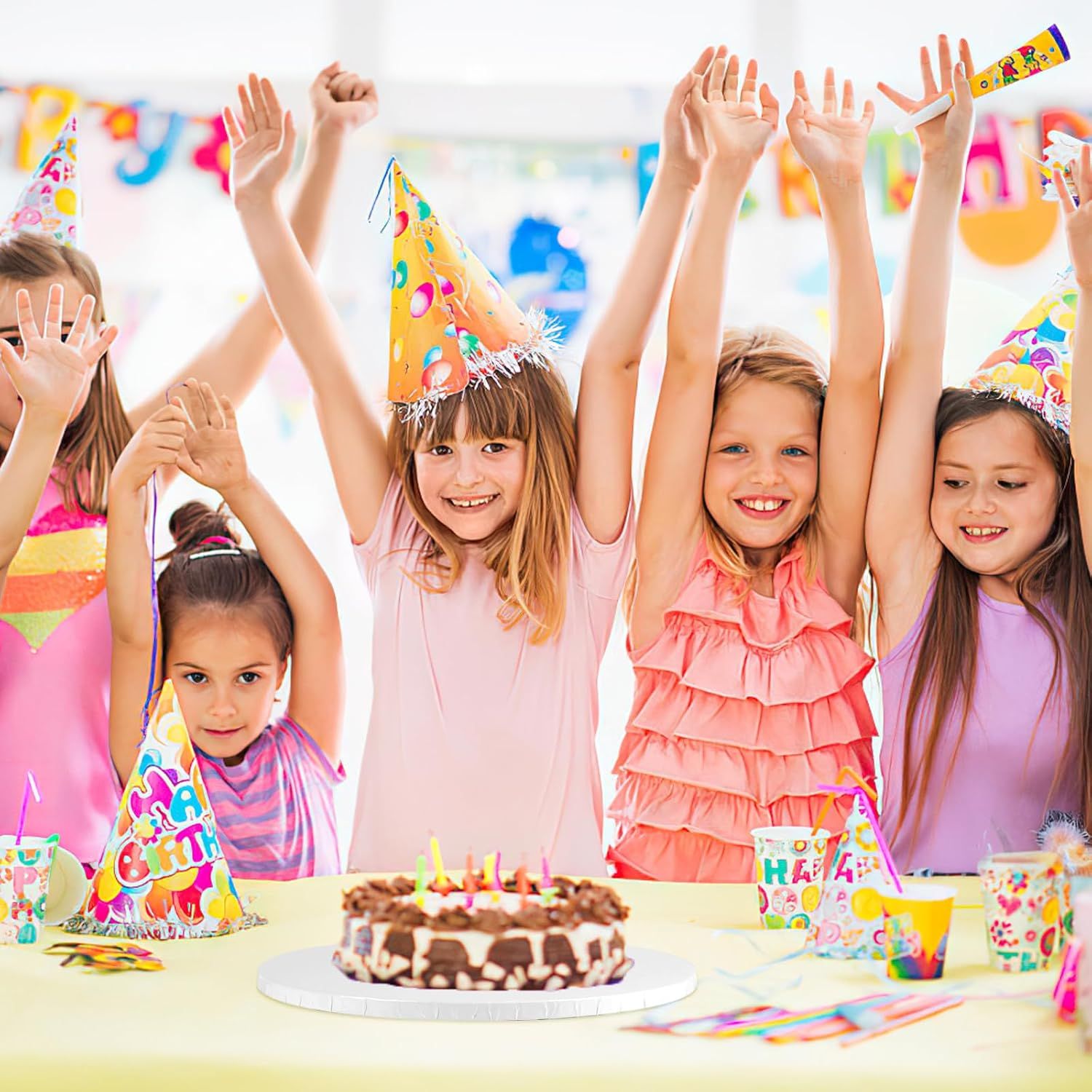 Shows the product in a real-world birthday party setting with children celebrating, helping shoppers visualize the product in use.