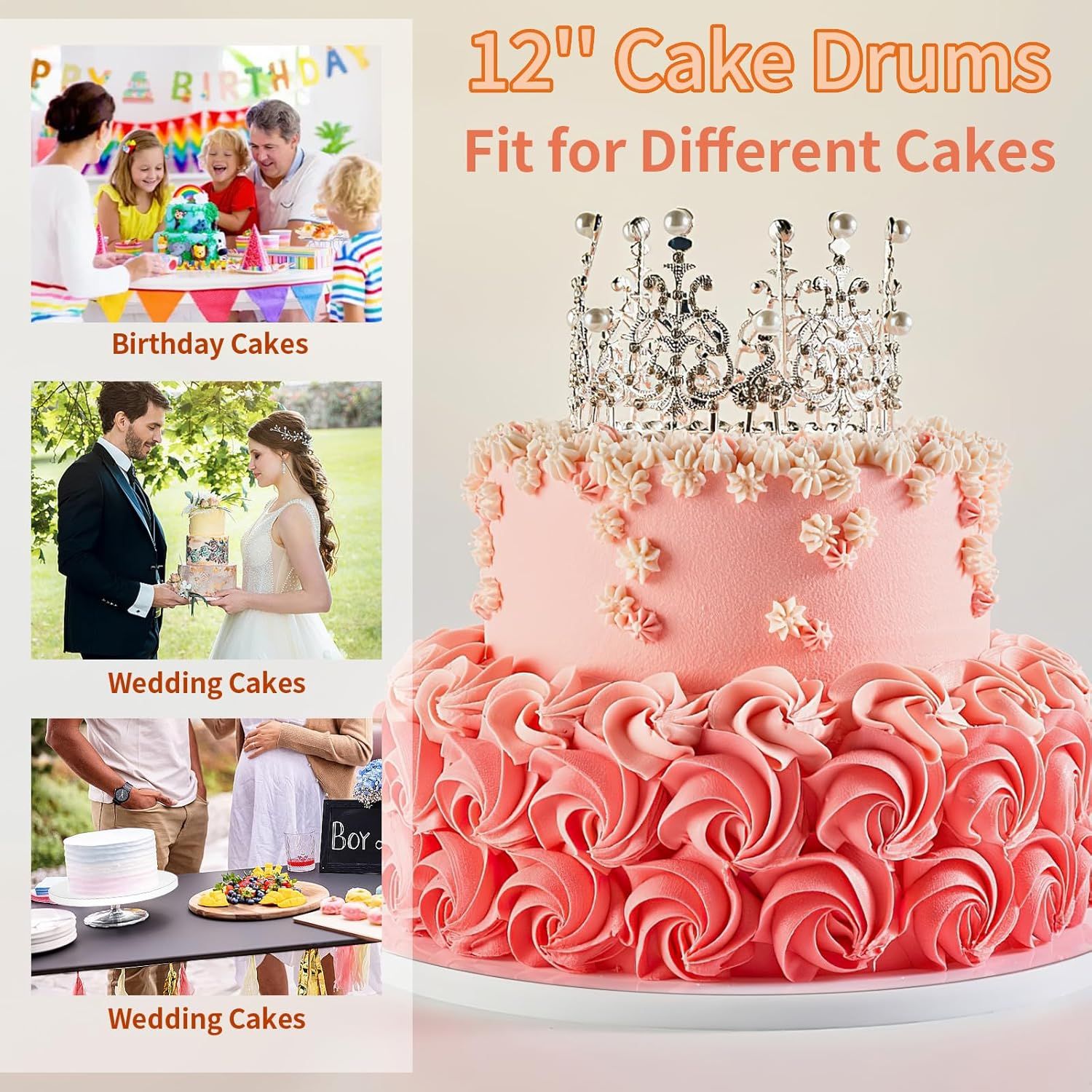 Demonstrates the versatility of the 12-inch cake drums by showing they fit different cake types and celebration occasions.