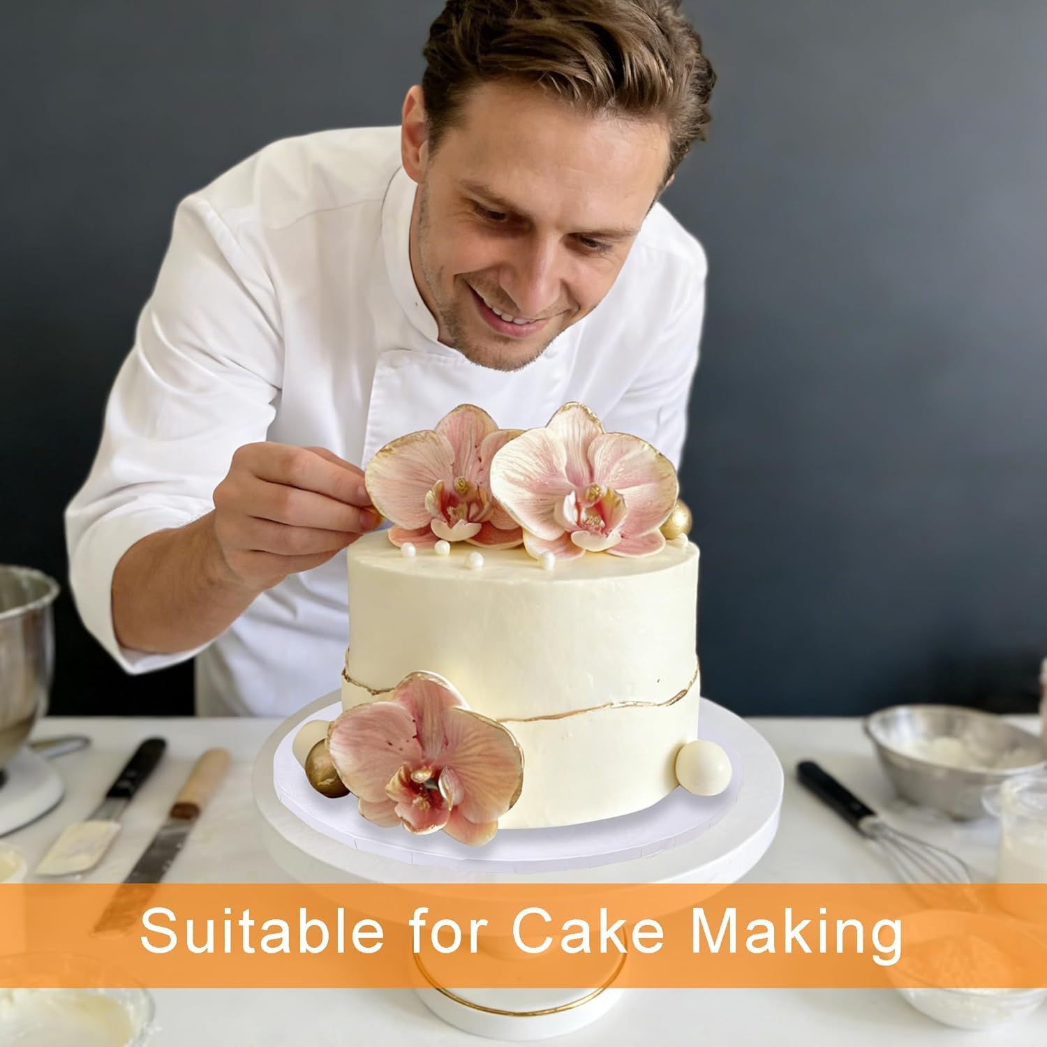 Shows the product in professional use by a pastry chef to communicate its suitability for serious cake making and decorating.