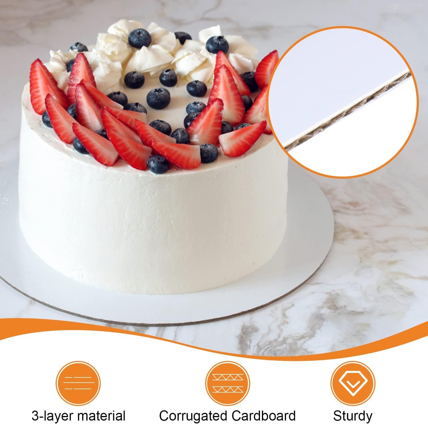 Breaks down the physical structure of the cake base by highlighting its material composition and construction to communicate durability and quality. Showcases multiple structural benefits in a…