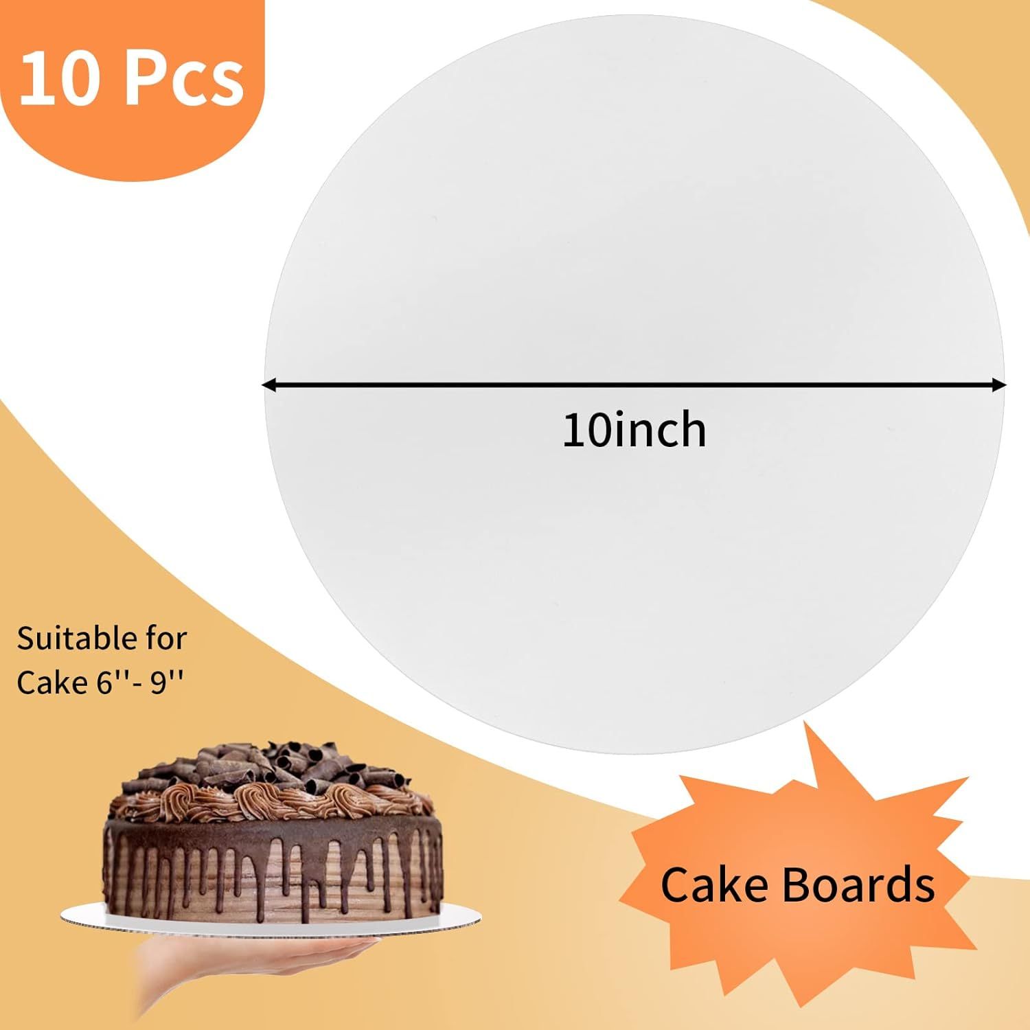 Communicates the physical size of the cake board and its compatibility with specific cake sizes to help shoppers choose the right product. Shows the quantity included in the package to set clear…