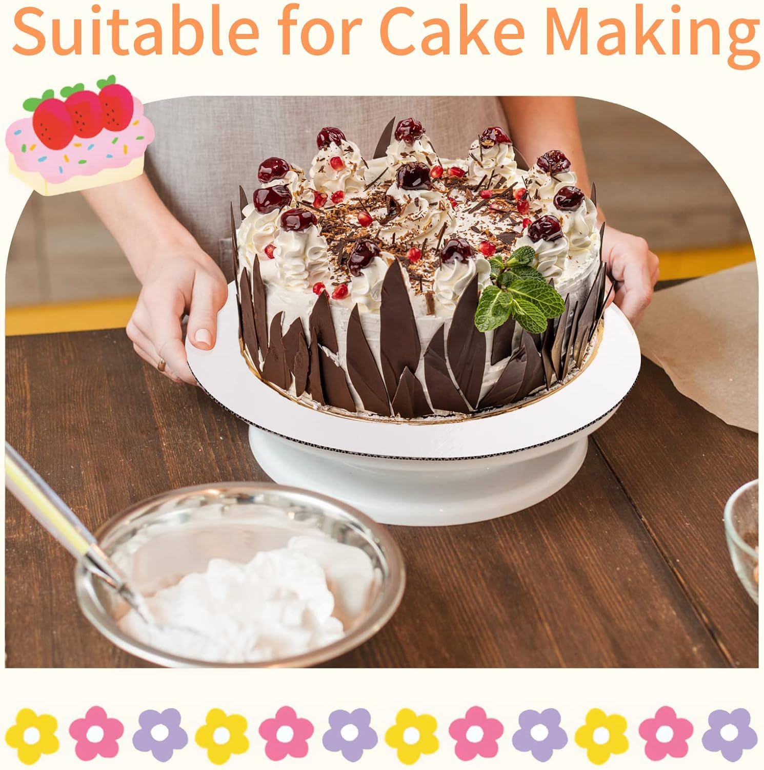 Demonstrates the product in use for cake making and presentation to show shoppers how they can use the cake boards.
